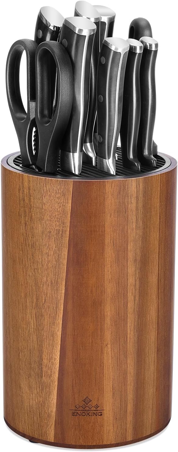 ENOKING Universal Knife Block with Acacia Wood Base and Plastic Lid