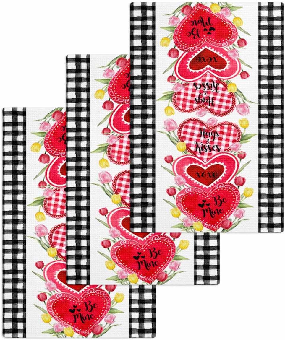 Valentines Day Waffle Kitchen Hand Towels Set of 3
