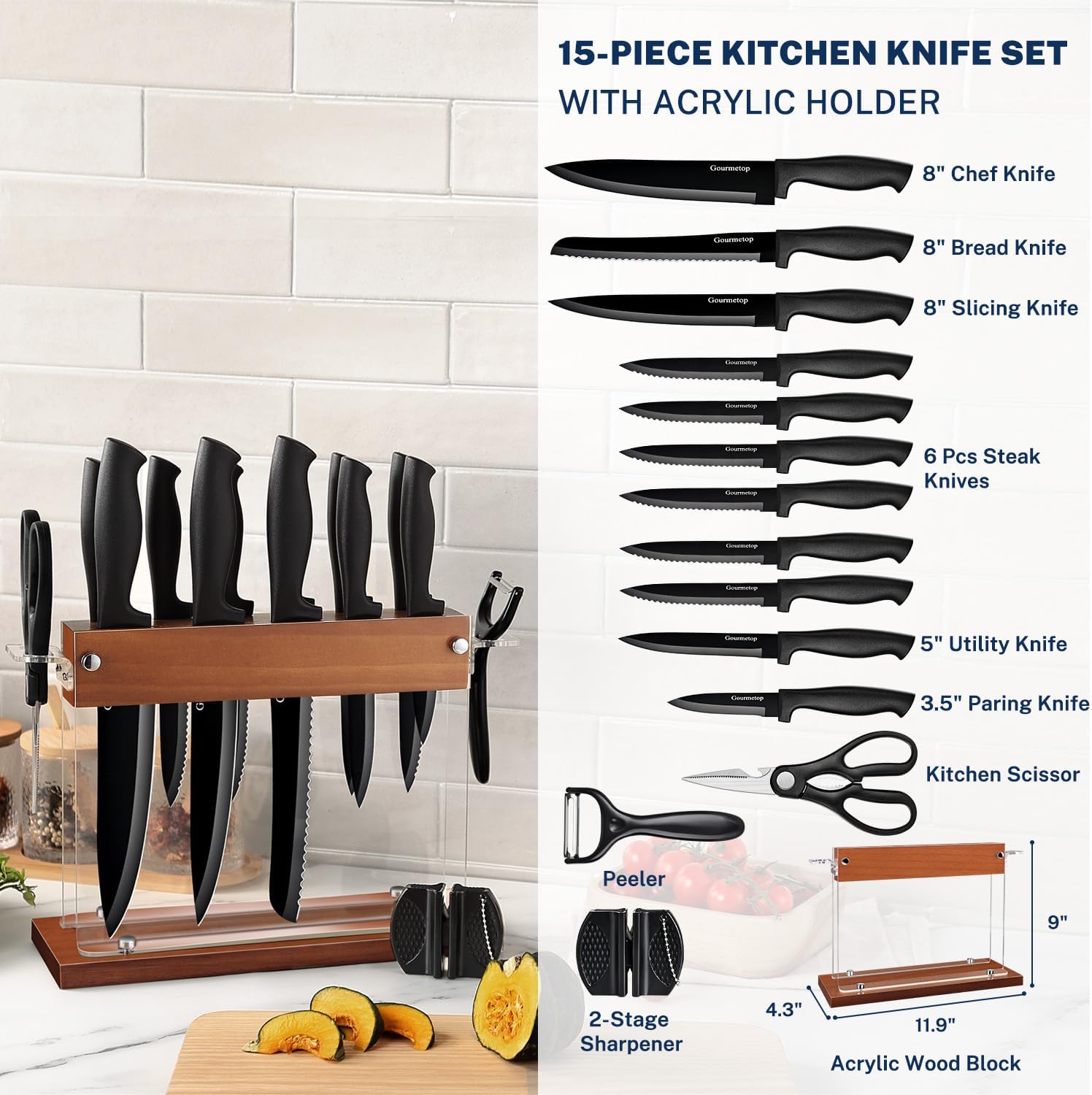 Gourmetop Premium 15-Piece Kitchen Knife Set