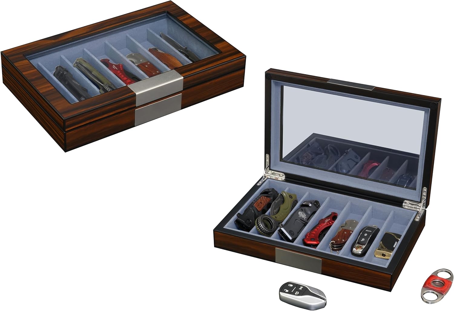 7-Compartment Walnut Wood Pocket Knife Holder