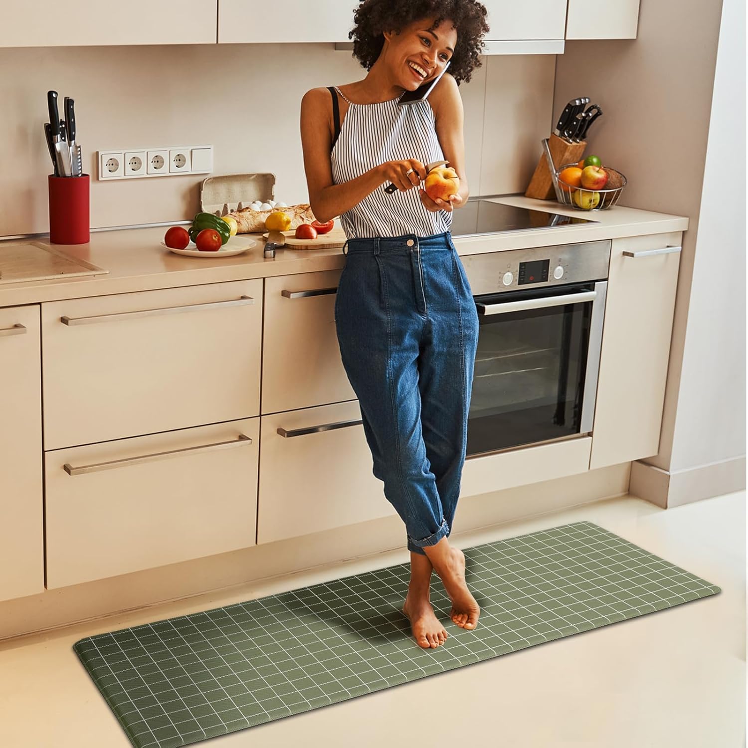 FRESHMINT 2-Piece Kitchen Mat Set Anti-Fatigue Plaid Windowpane Kitchen Mat