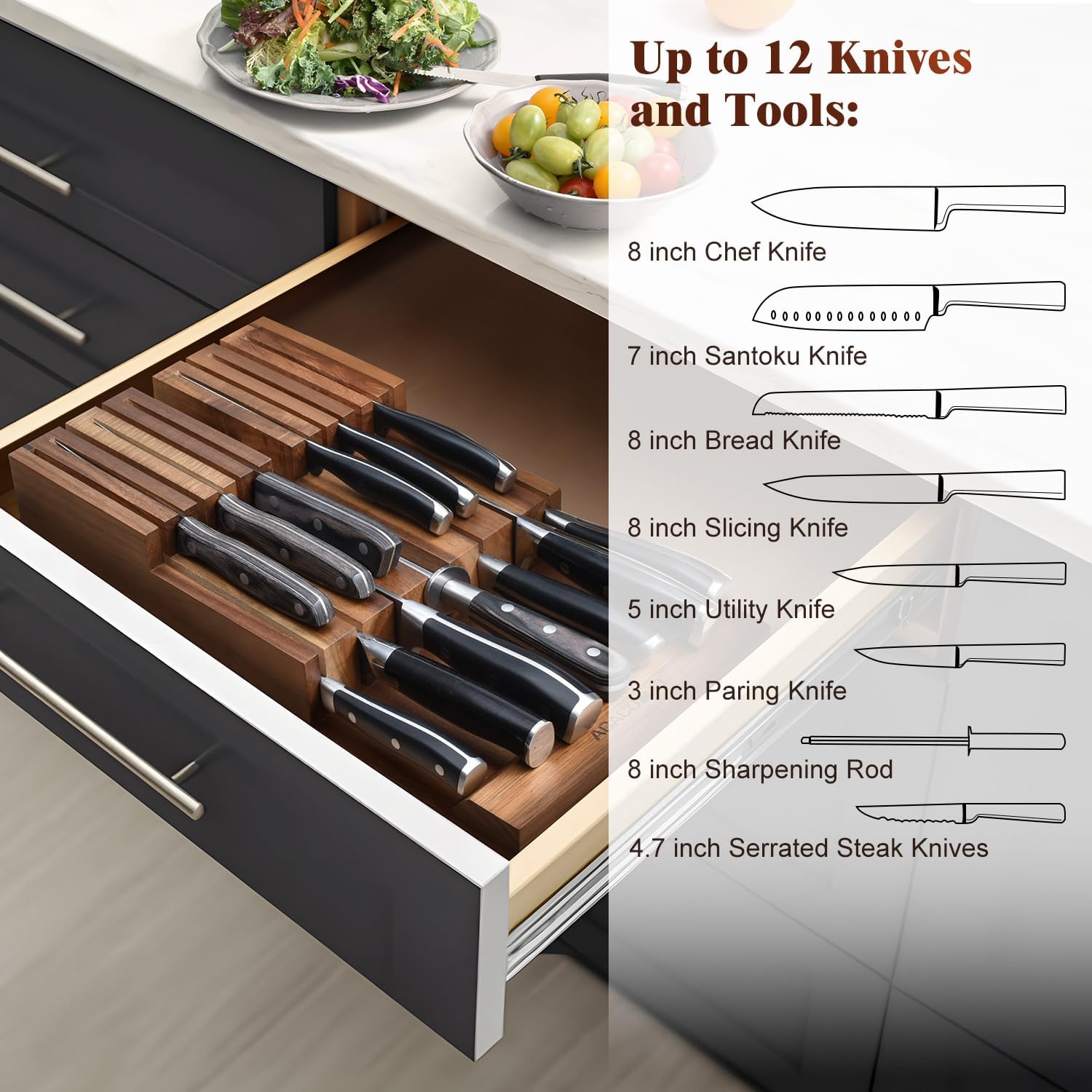 Acacomft In-Drawer Knife Block Up to 12 Knives