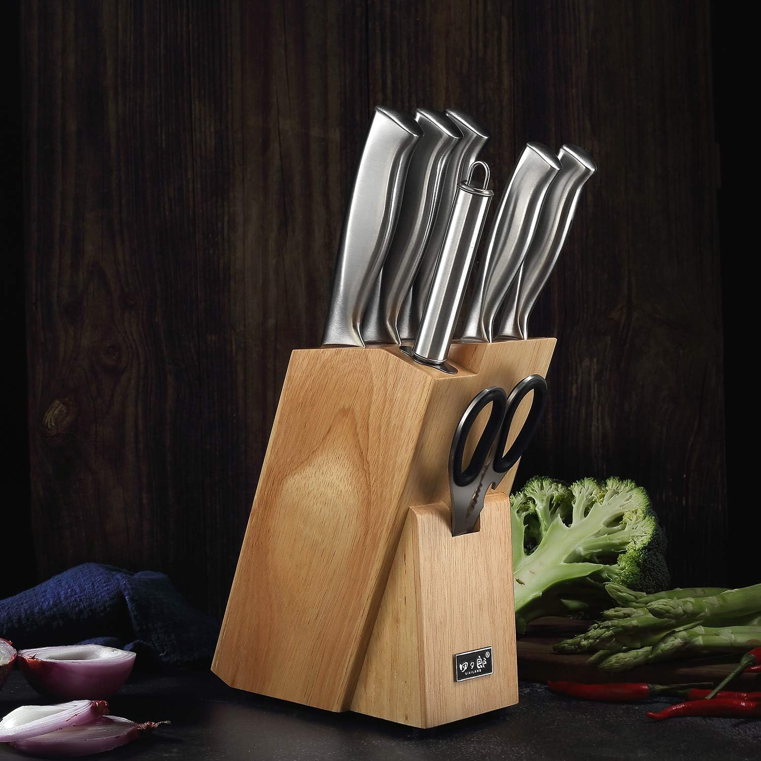 SIXILANG 8-Piece Knife Set with Oak Block and Sharpener