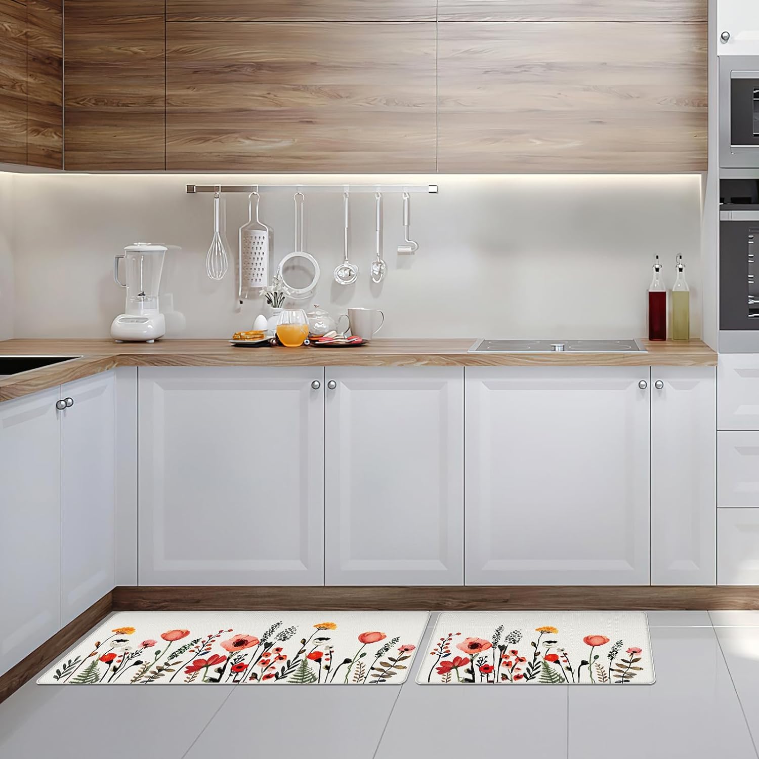 Colorful Flower Fern Kitchen Rugs Set