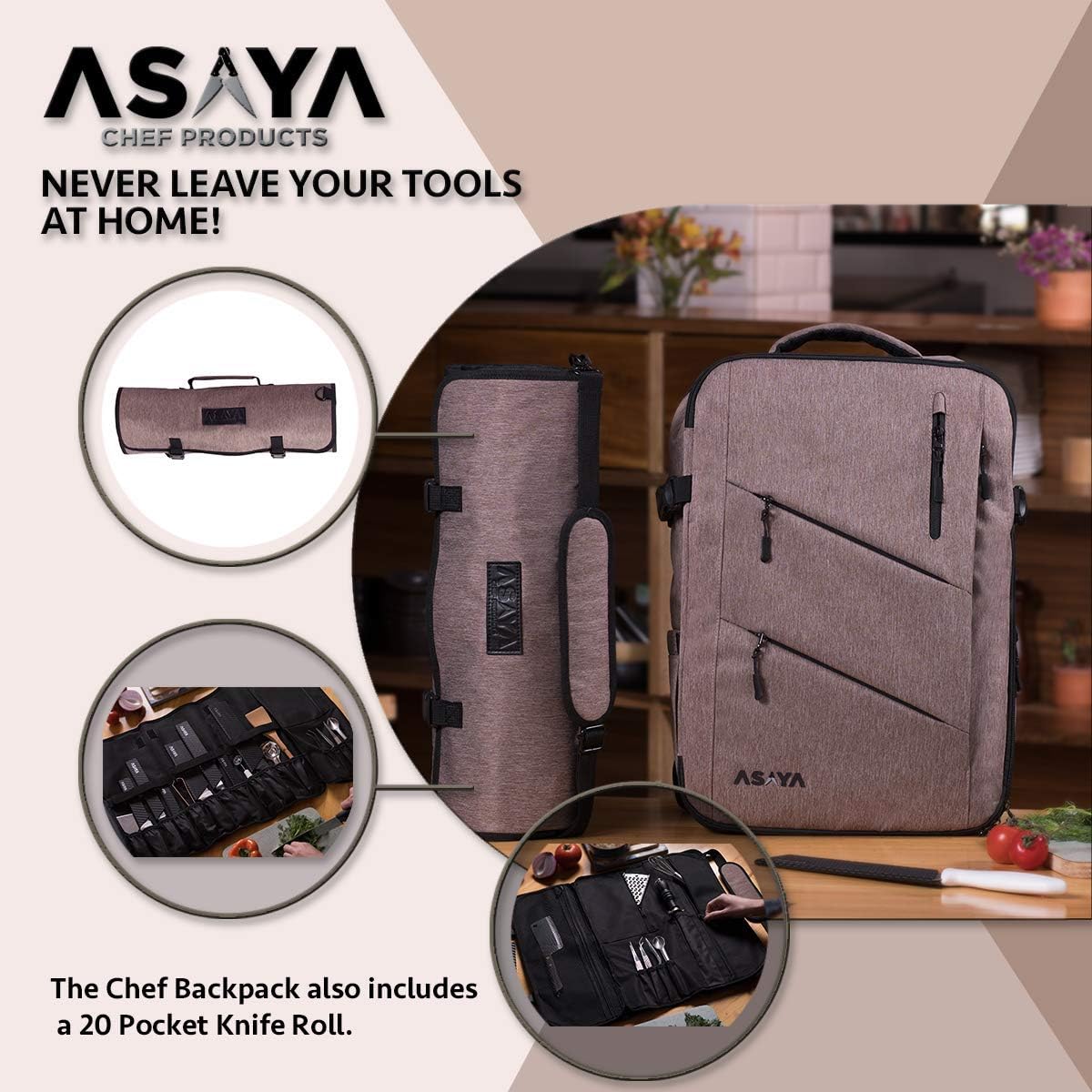 Asaya Chef Knife Backpack with 20 Pocket Knife Roll Bag