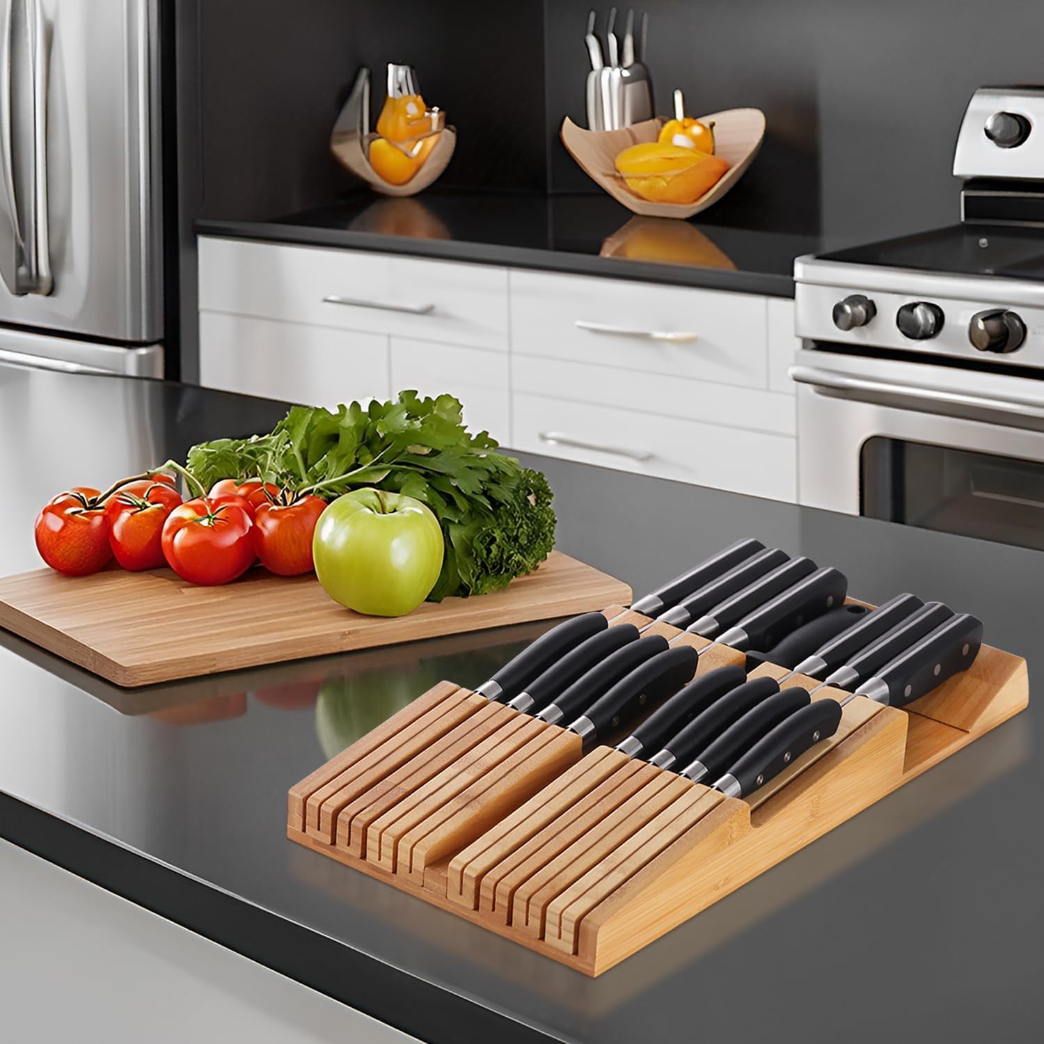 HHXRISE Bamboo Knife Organizer Removable Space-Saving Health-Safe 16 Knives Organizer