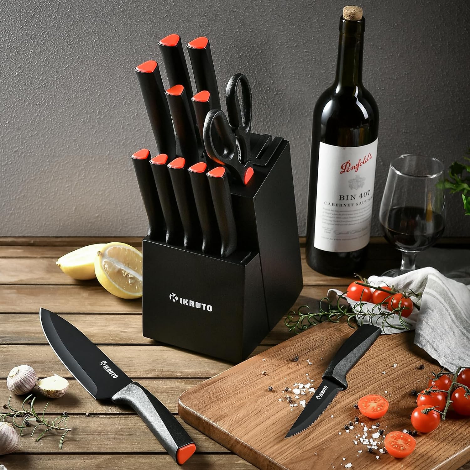 15-Piece Professional Kitchen Knife Set with Block and Sharpener