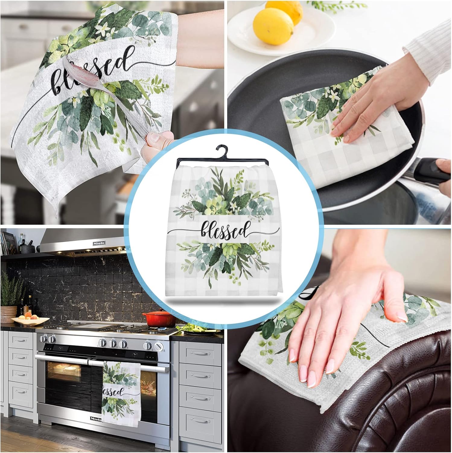 ZOE GARDEN Plaid Eucalyptus Kitchen Towels Quick-Dry Microfiber Set of 2