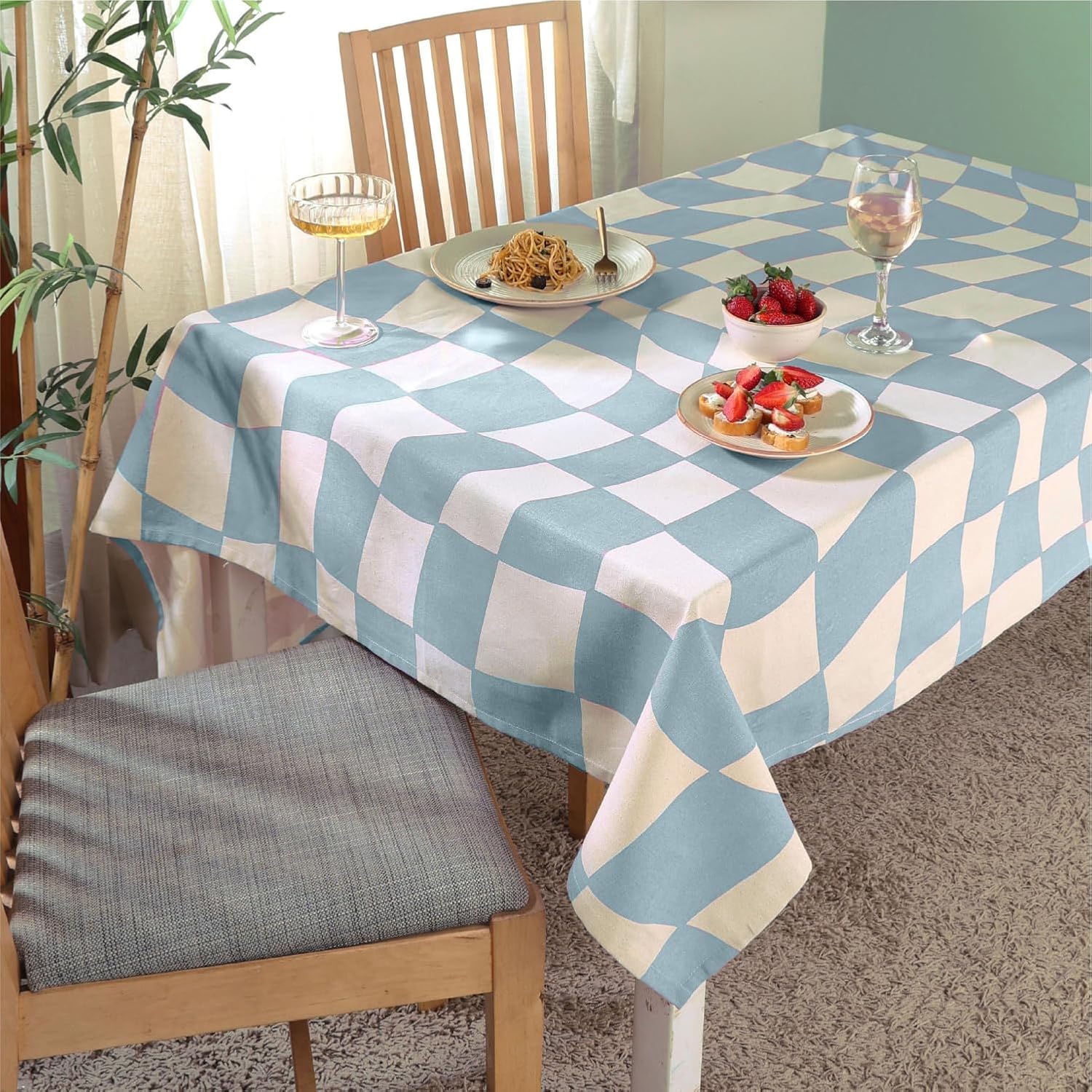 MODERN BOHO TABLECLOTH FOR SUMMER OUTDOORS 60X60 SQUARE TABLEcloth White Blue Checkered Pattern