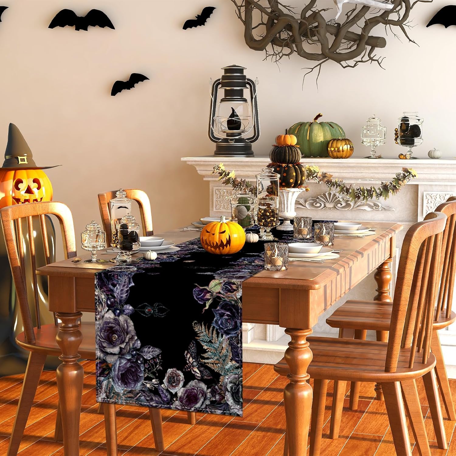 Rvsticty Halloween Table Runner Creative Skull Roses Tablecloth for Home Kitchen