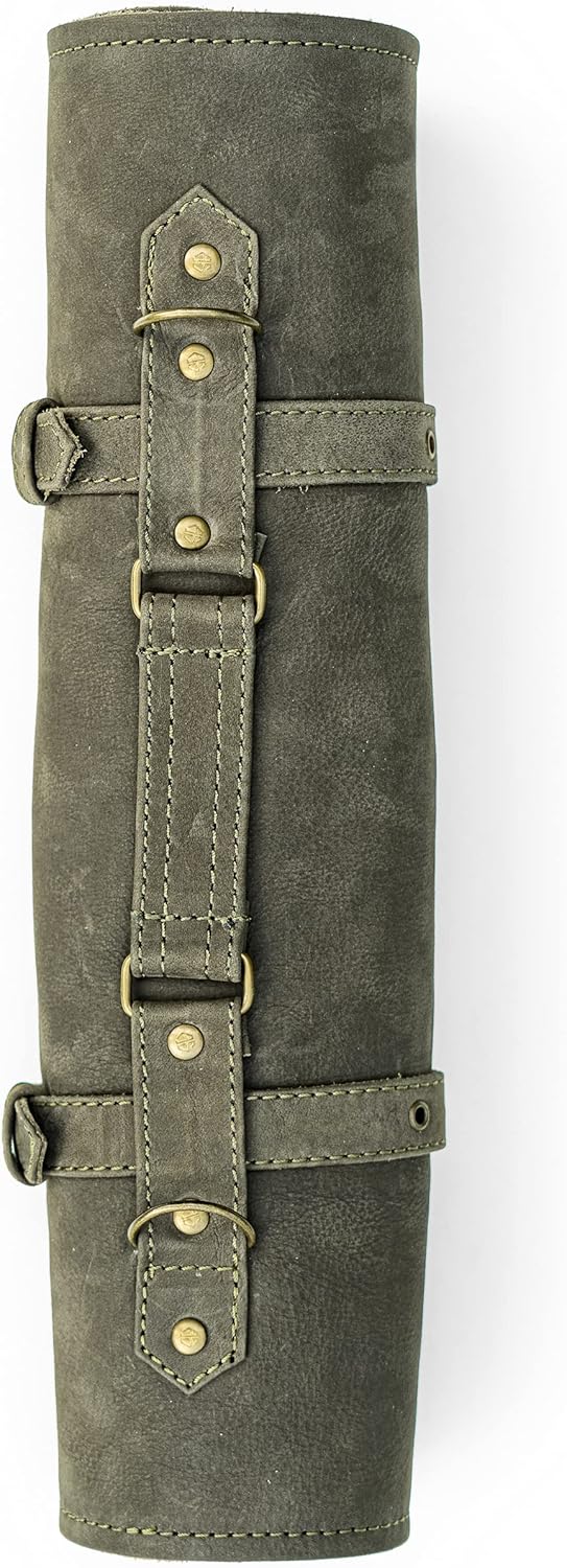 High-Quality Leather Knife Roll Bag for Chefs Olive-Green