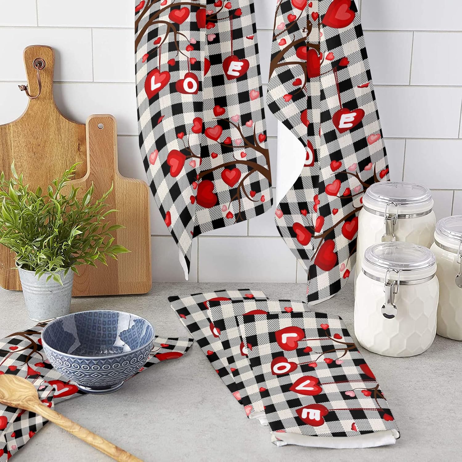 Love-Tree Plaid Kitchen Towels - Saint Valentines Day Design - 4 x 18x28 inch