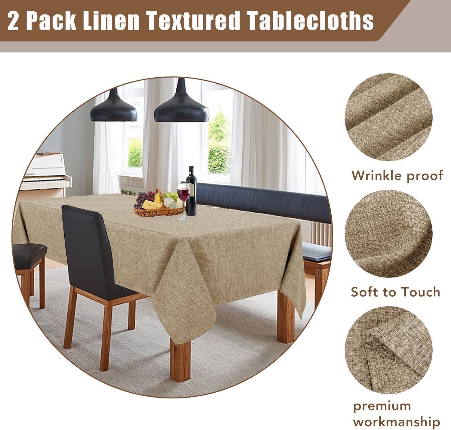 Fitable Faux Linen Table Clothes 60x84 Inch - 2 Pack Khaki Tablecloths