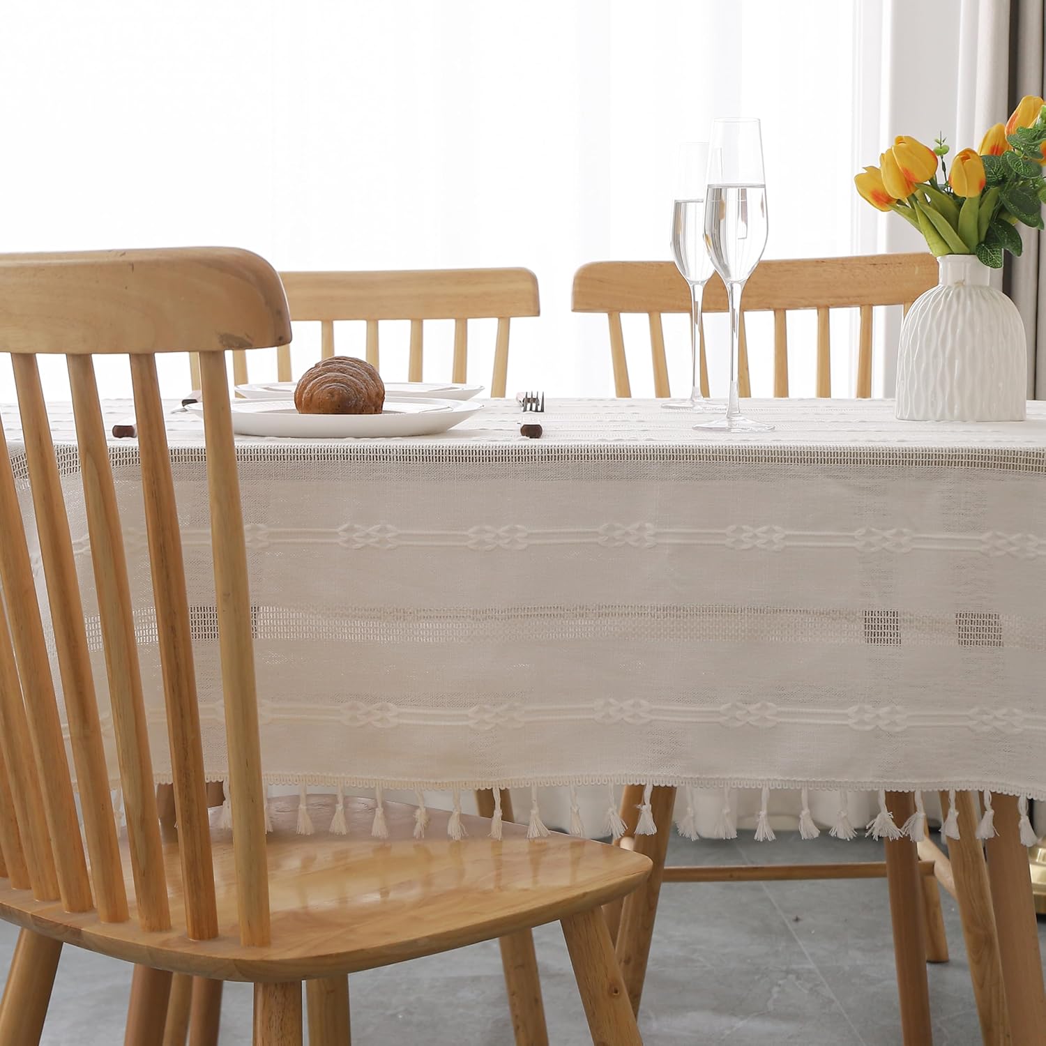 Gernaice Rustic Stripe Embroidered Oval Tablecloth 53x70 Inch