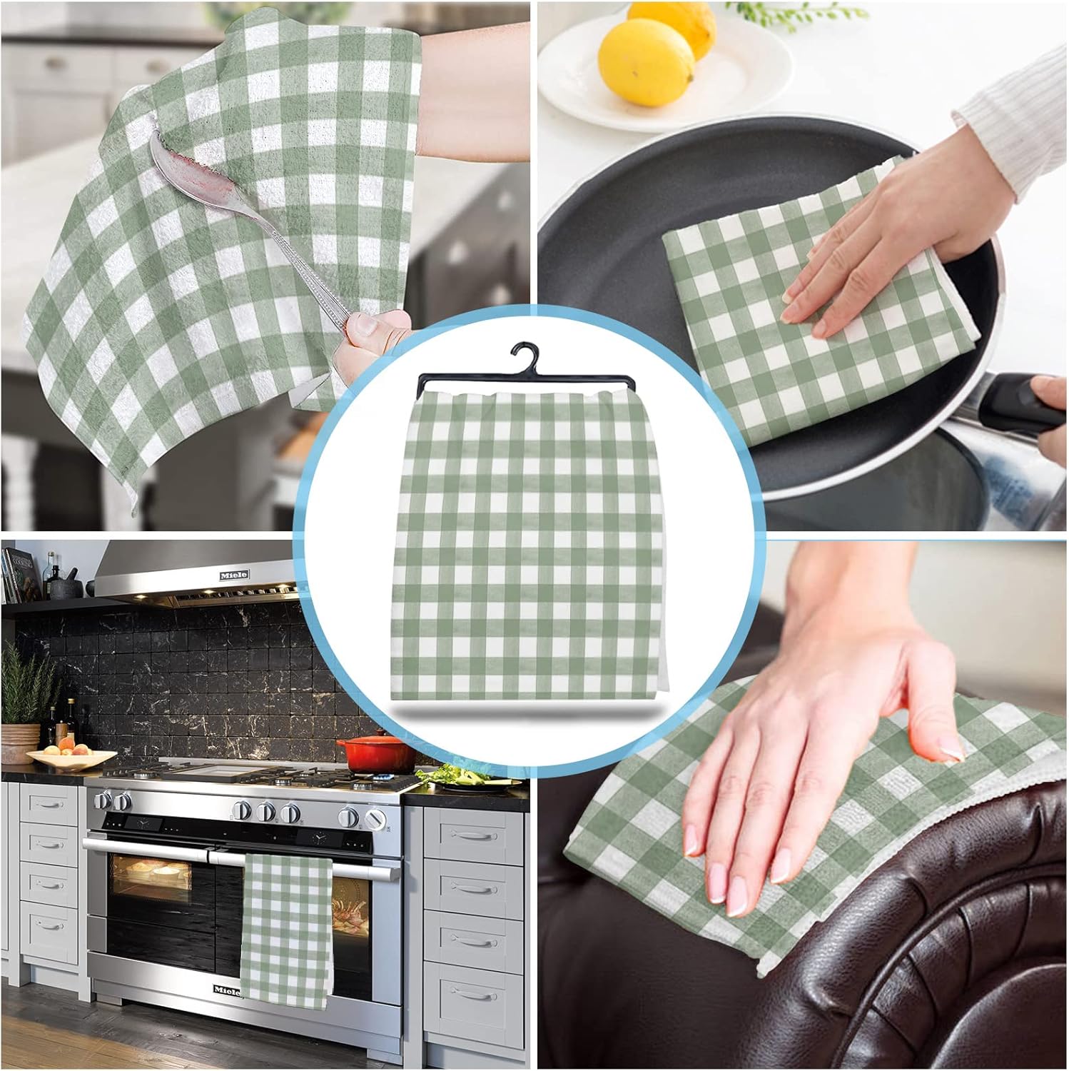 ZOE GARDEN Sage Green Kitchen Towels 18x28 Buffalo Plaid Check
