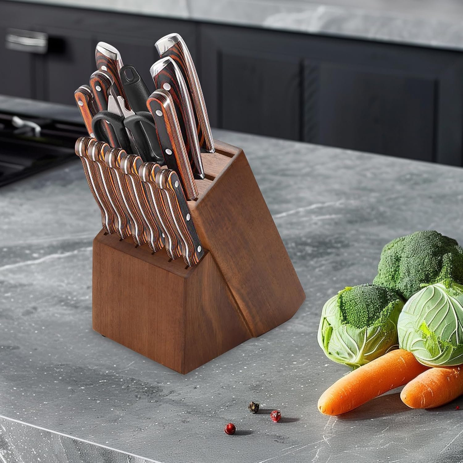 Wooden Kitchen Knife Block - 14-Piece Universal Kitchen Knife Holder