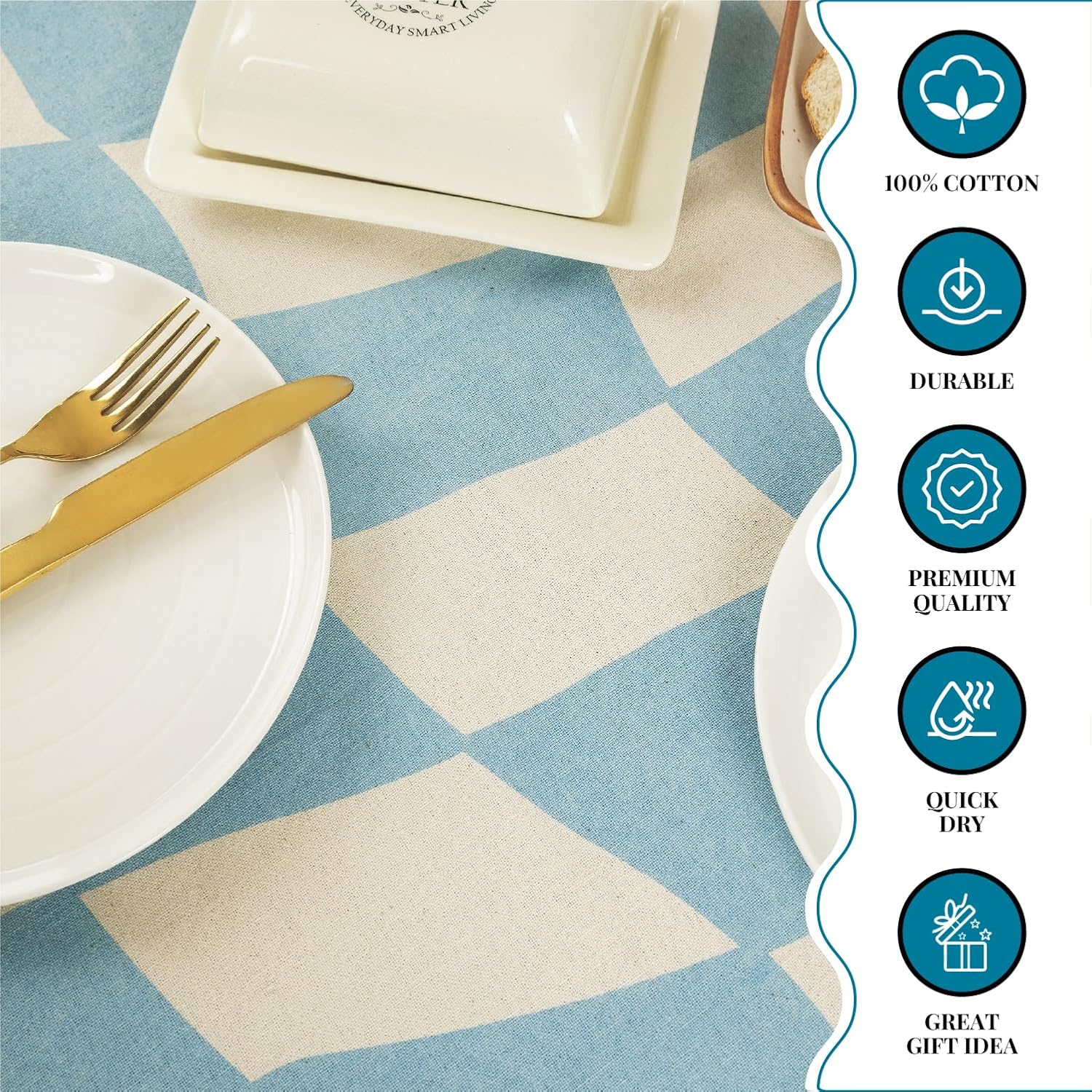 MODERN BOHO TABLECLOTH FOR SUMMER OUTDOORS 60X60 SQUARE TABLEcloth White Blue Checkered Pattern