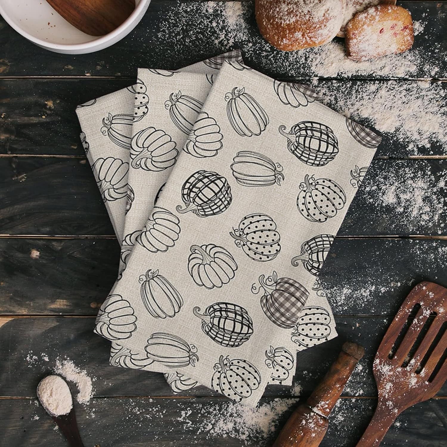 Thanksgiving Bohemia Kitchen Towels Black Dot Plaid Pumpkins 18x28 Dish Towels Dish Cloths