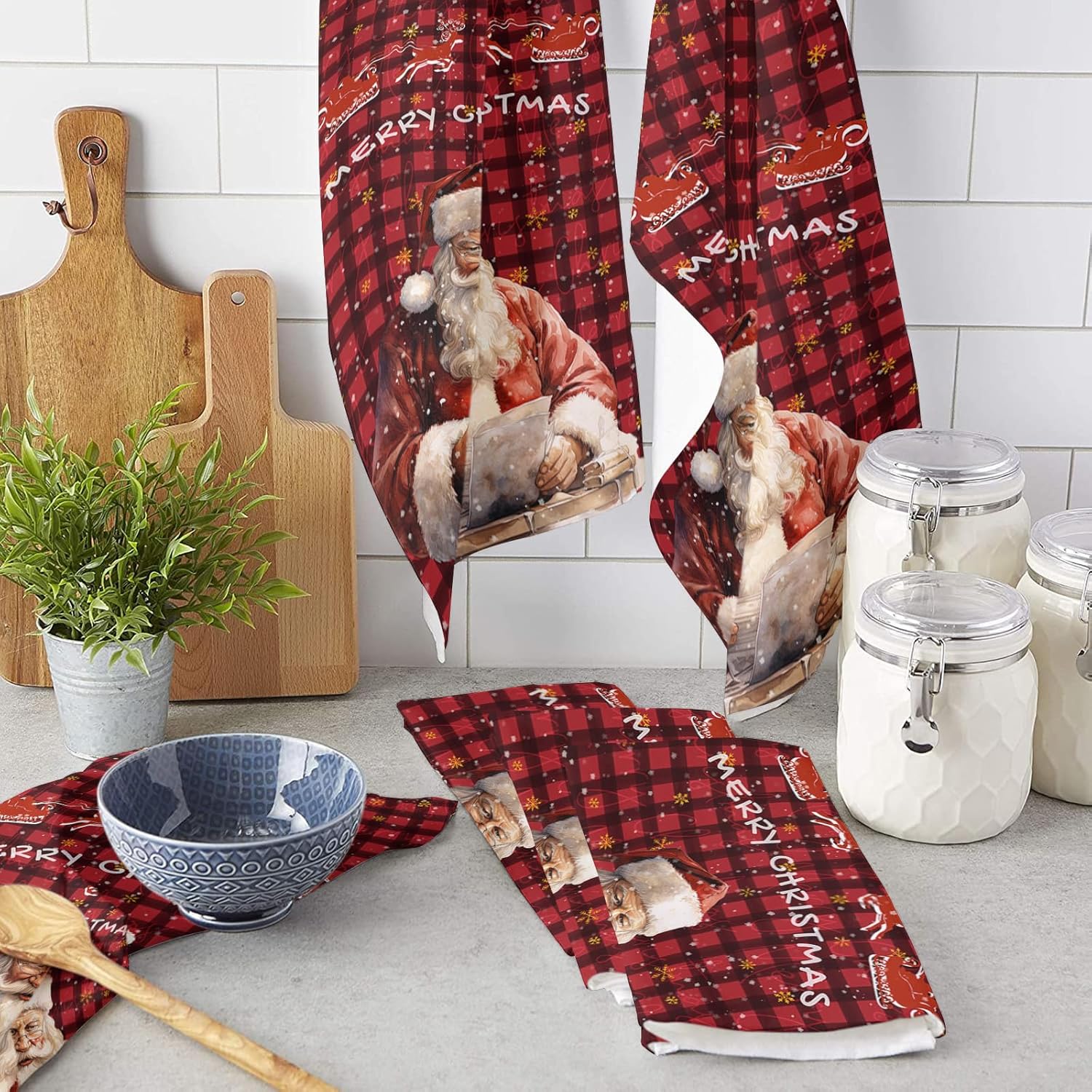 Plaid Santa Claus Kitchen Towels 2-PC Set 18x28