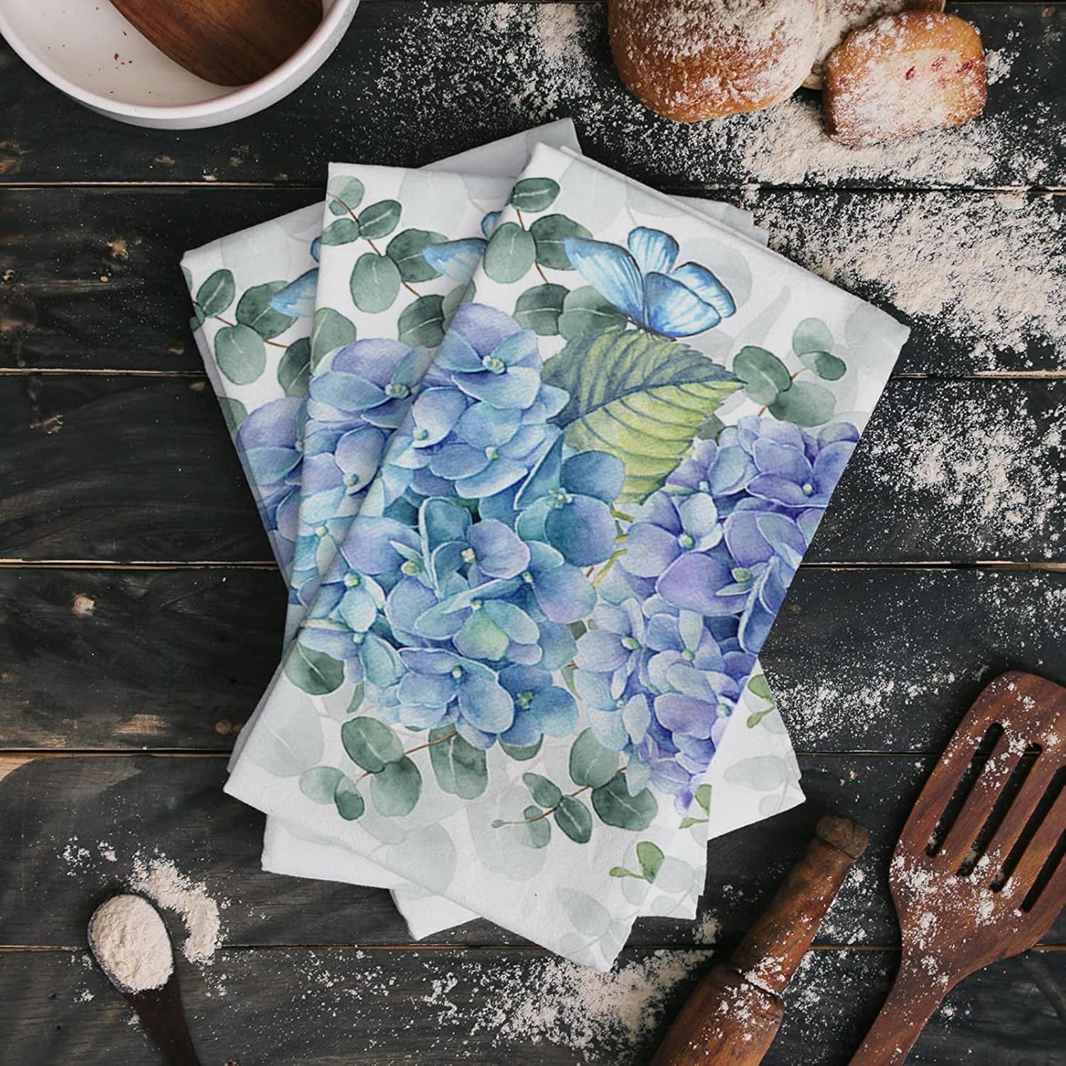 Cost-Effective Durable PlaidHydrangea Kitchen Towels Set Farmhouse Blue Purple Pink EucalyptusFeel