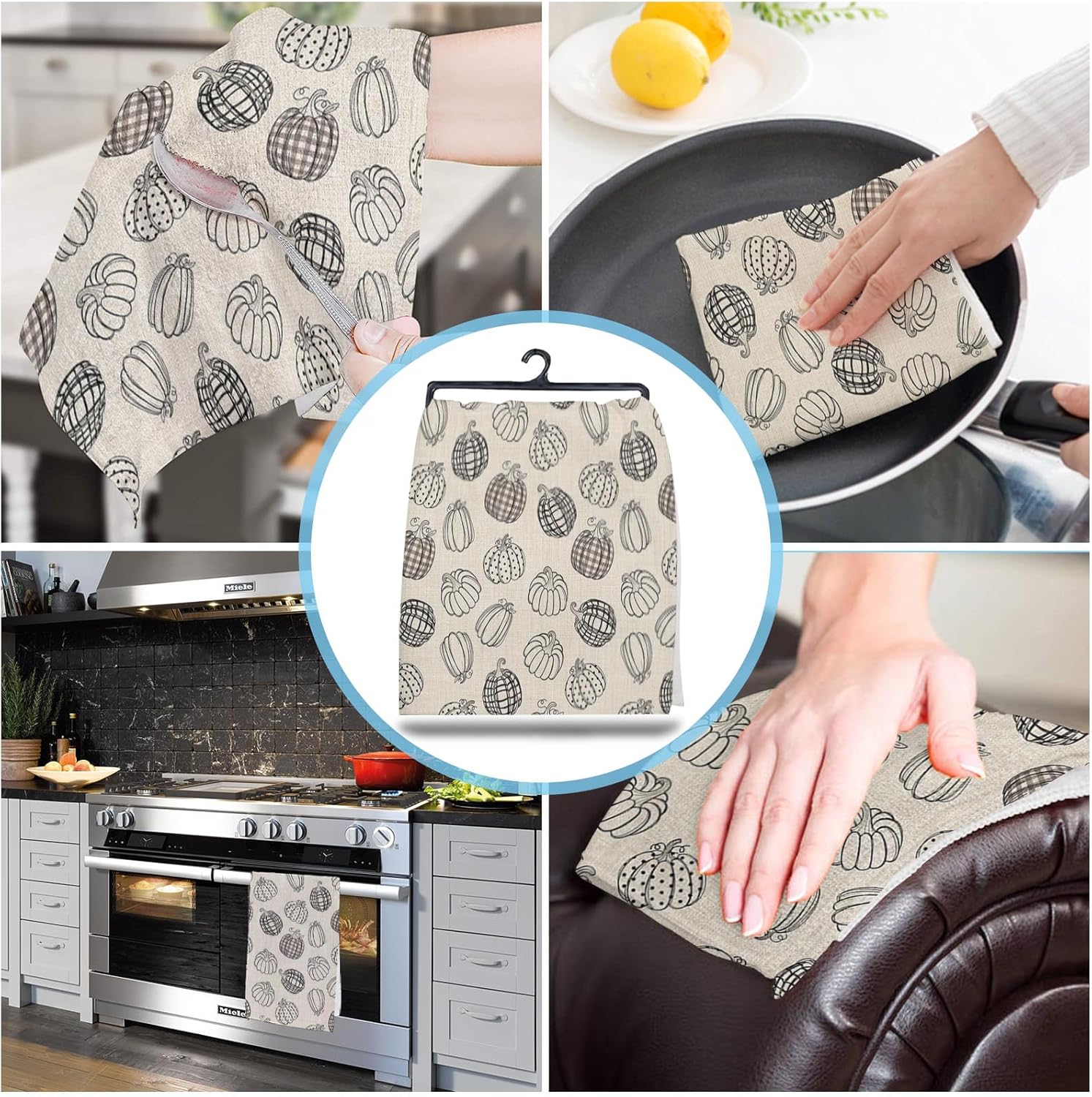 Thanksgiving Bohemia Kitchen Towels Black Dot Plaid Pumpkins 18x28 Dish Towels Dish Cloths