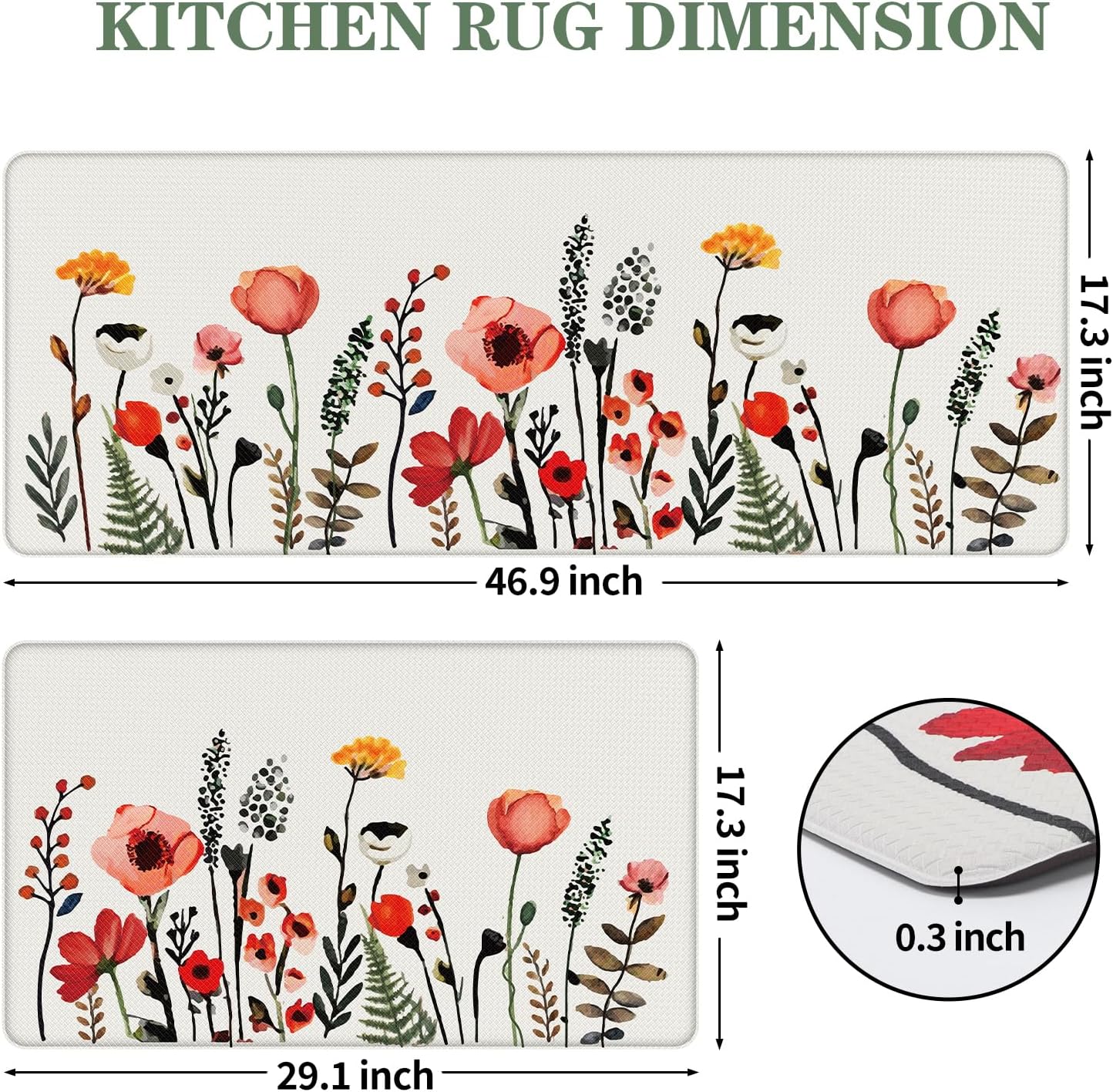 Colorful Flower Fern Kitchen Rugs Set