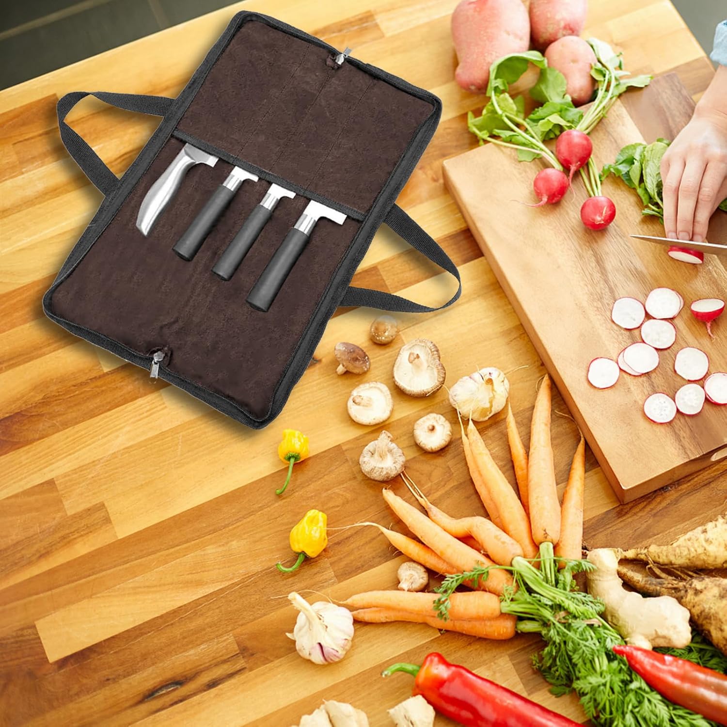 QEES Knife Roll Bag with 4 Slots and Handle