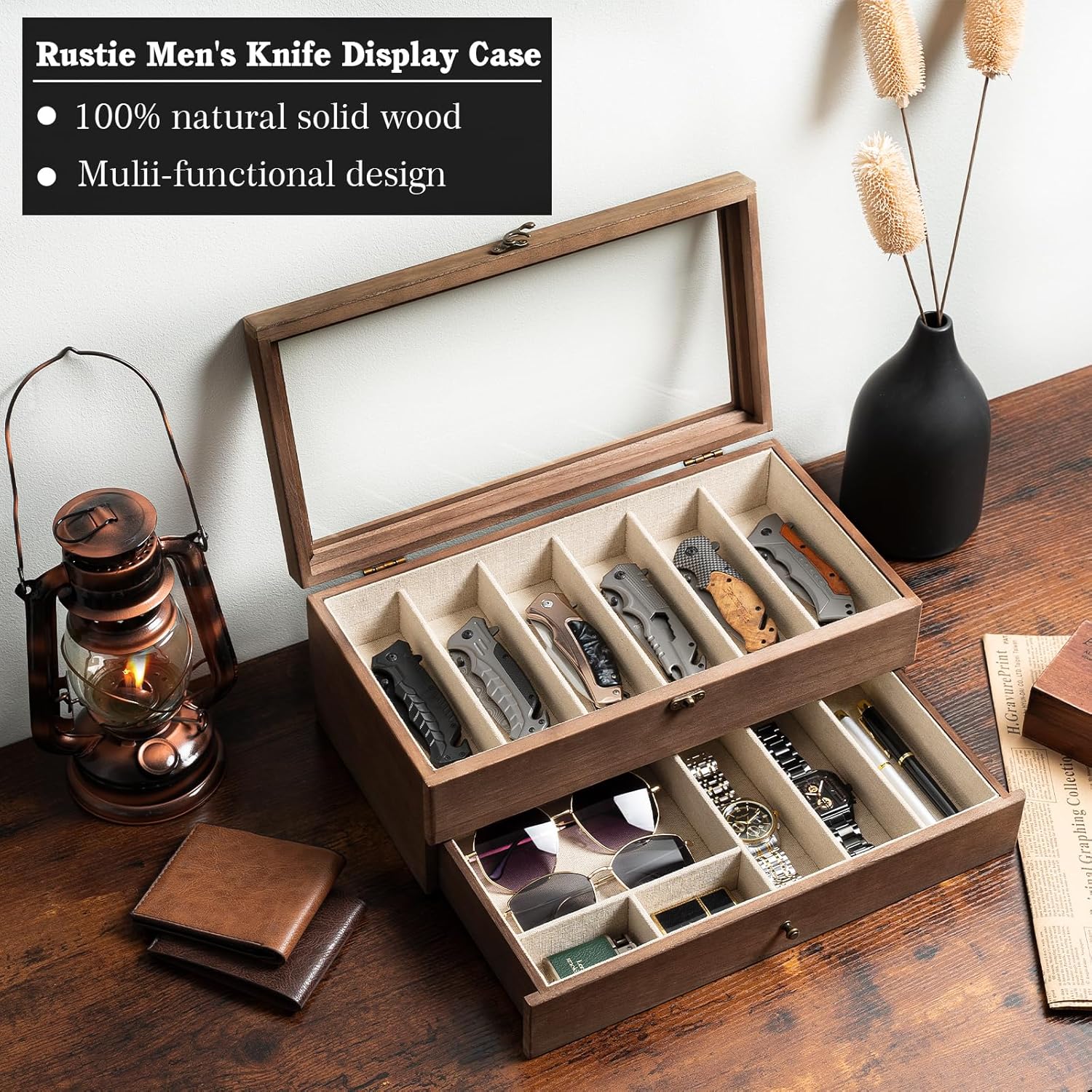 Beautiful Wooden Knife Display Case with 9 Knives
