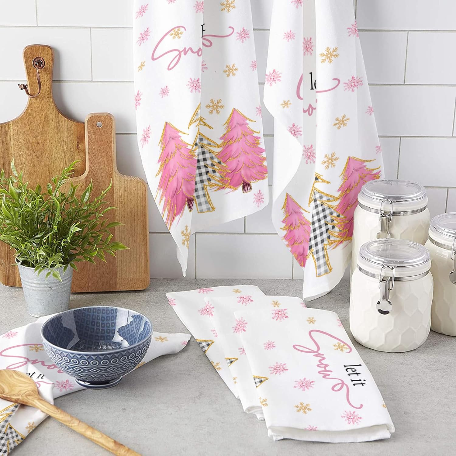 Blush Pink Gold Snowflakes Kitchen Towels