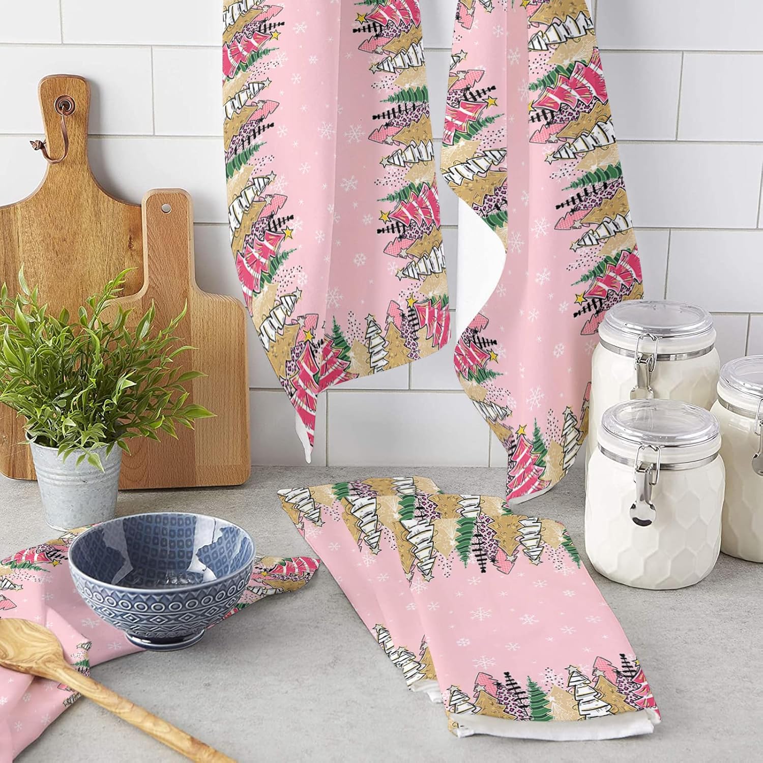 Pink Christmas Tree Microfiber Kitchen Towels