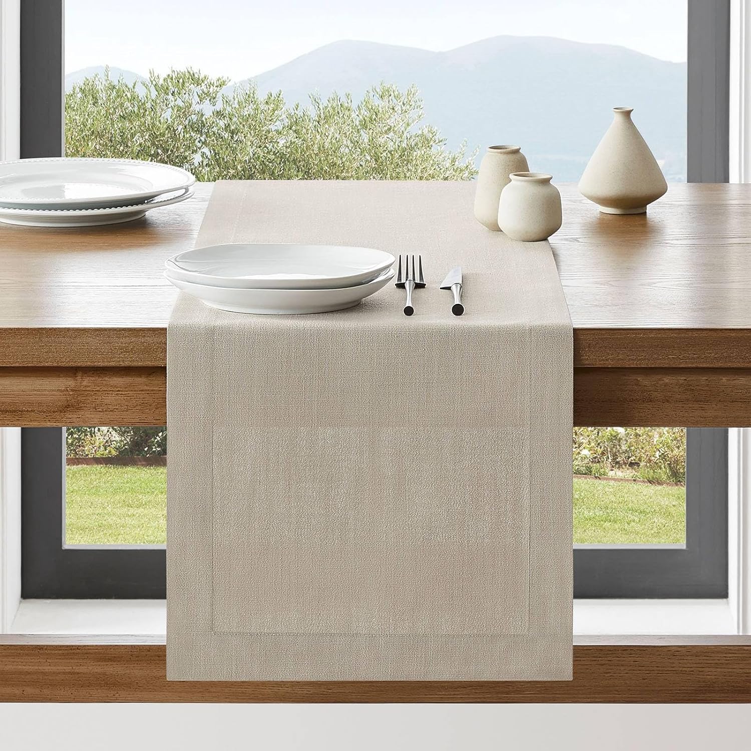 ZeeMart 14x36 Linen Border Table Runner with Tyne Farmhouse Style