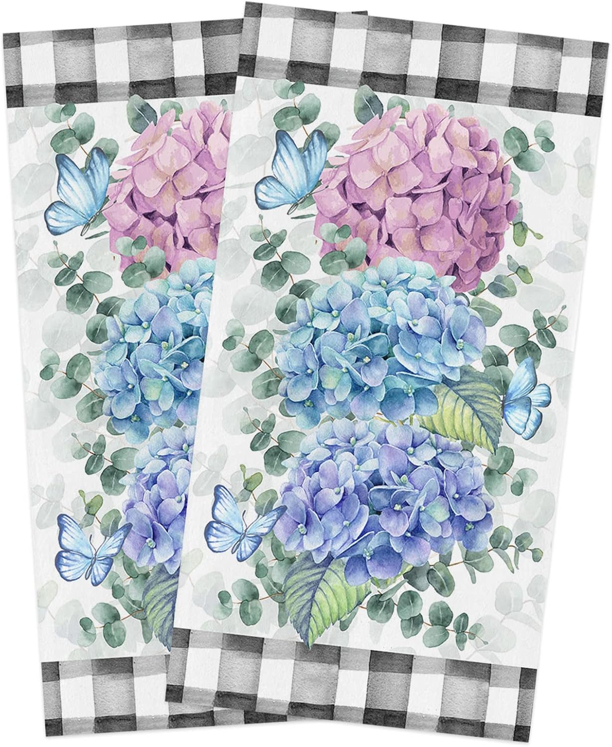 Cost-Effective Durable PlaidHydrangea Kitchen Towels Set Farmhouse Blue Purple Pink EucalyptusFeel