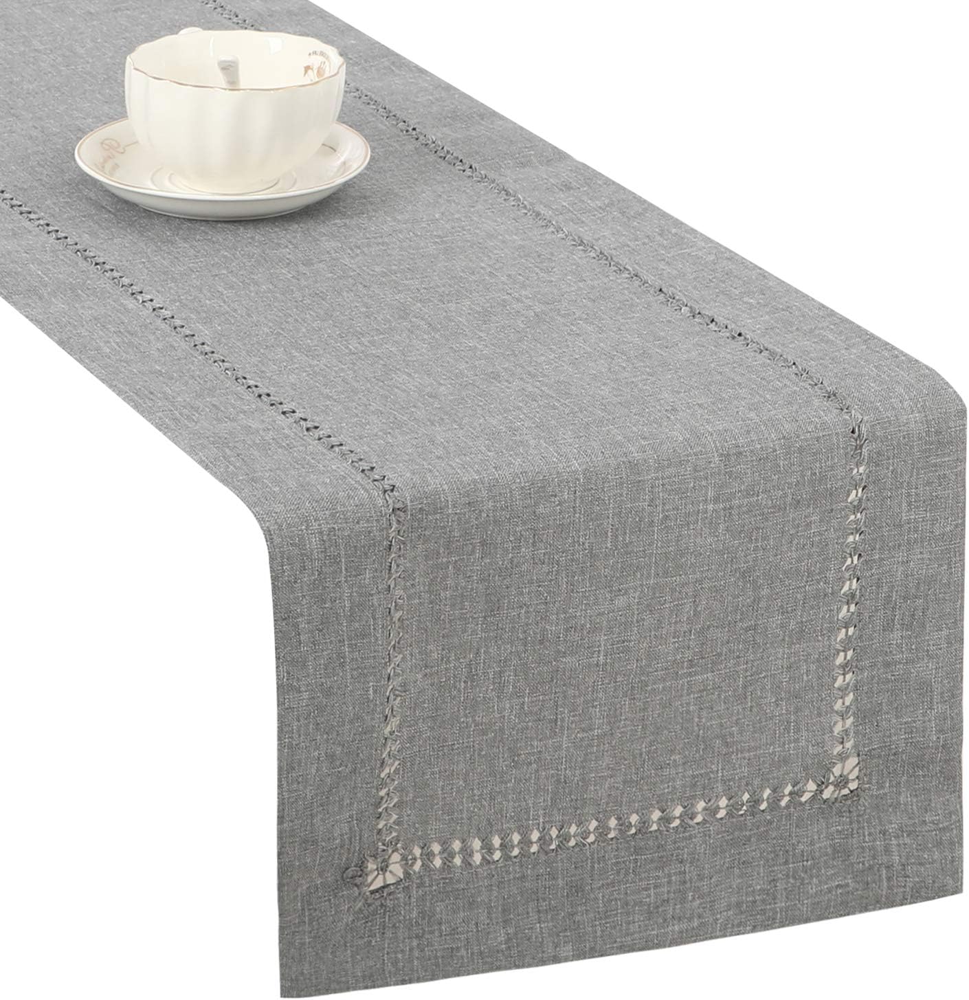 Tosewever Hemstitch Linen Table Runner Farmhouse Style Grey 14x72 Inches