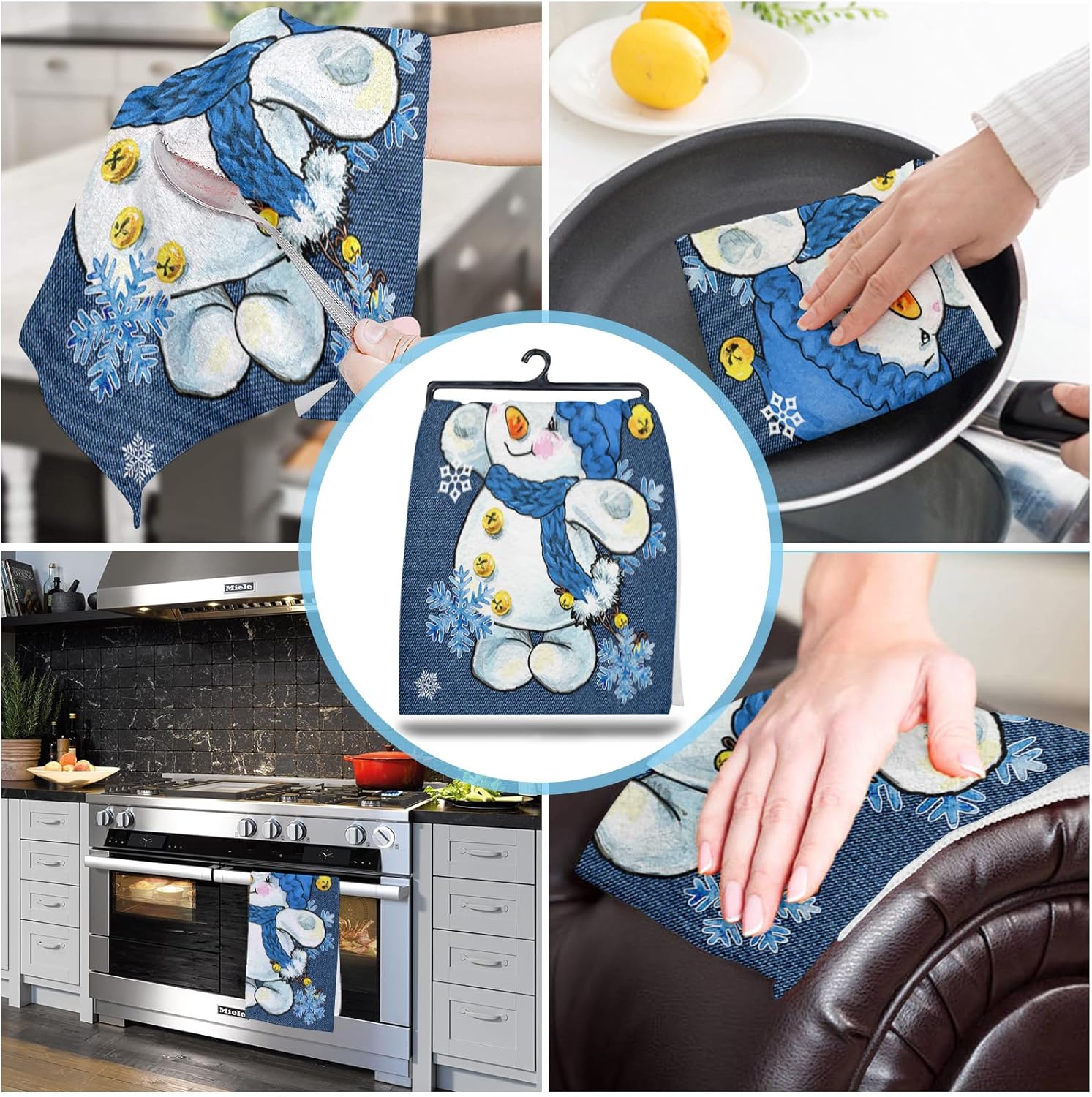 ZOE GARDEN Christmas Blue Microfiber Kitchen Towels Snowman Plaid Quick Dry Machine Washable