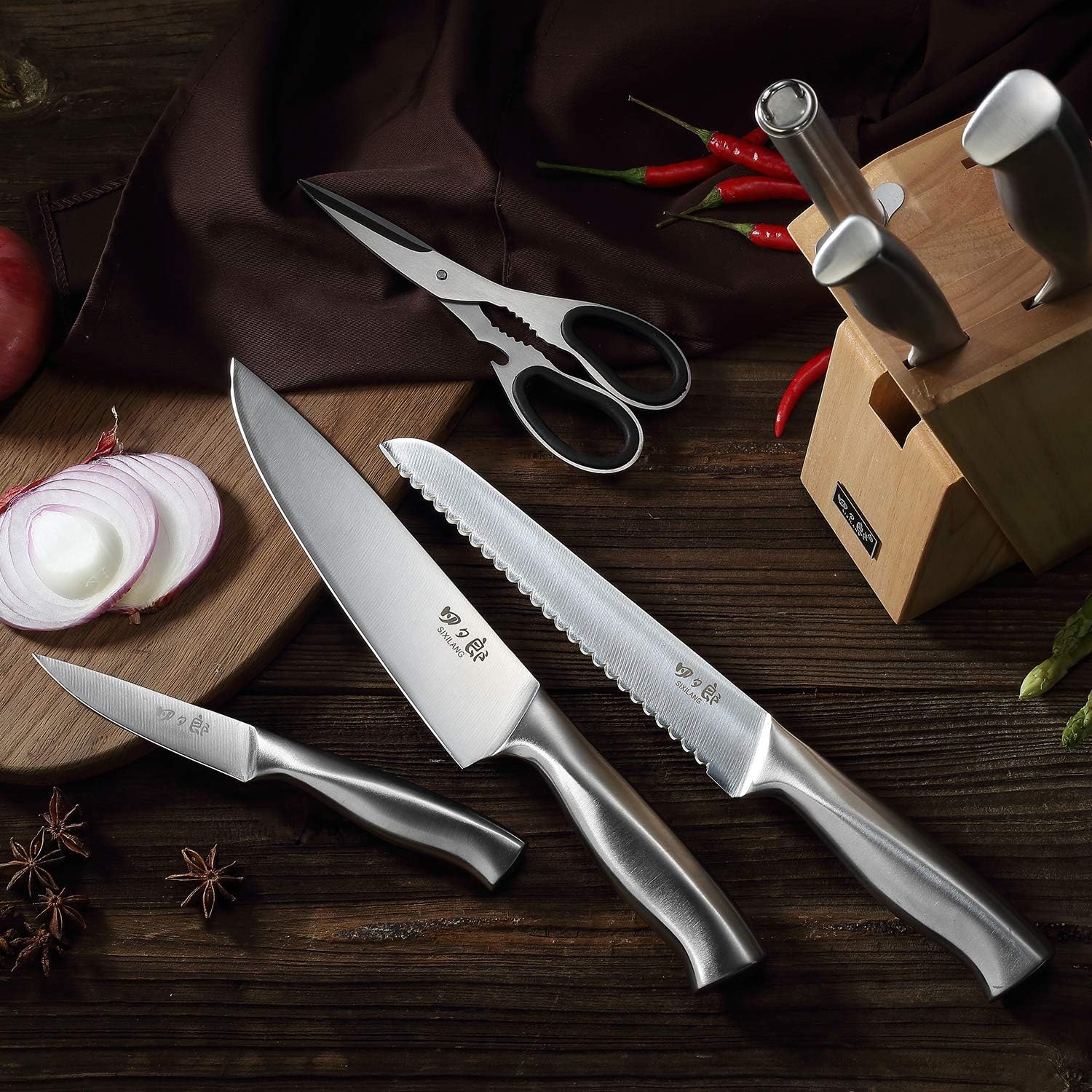 SIXILANG 8-Piece Knife Set with Oak Block and Sharpener