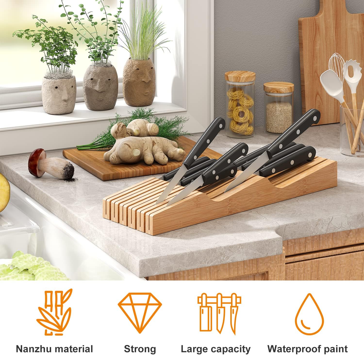 GHWIE Bamboo Knife Block Organizer for Drawer