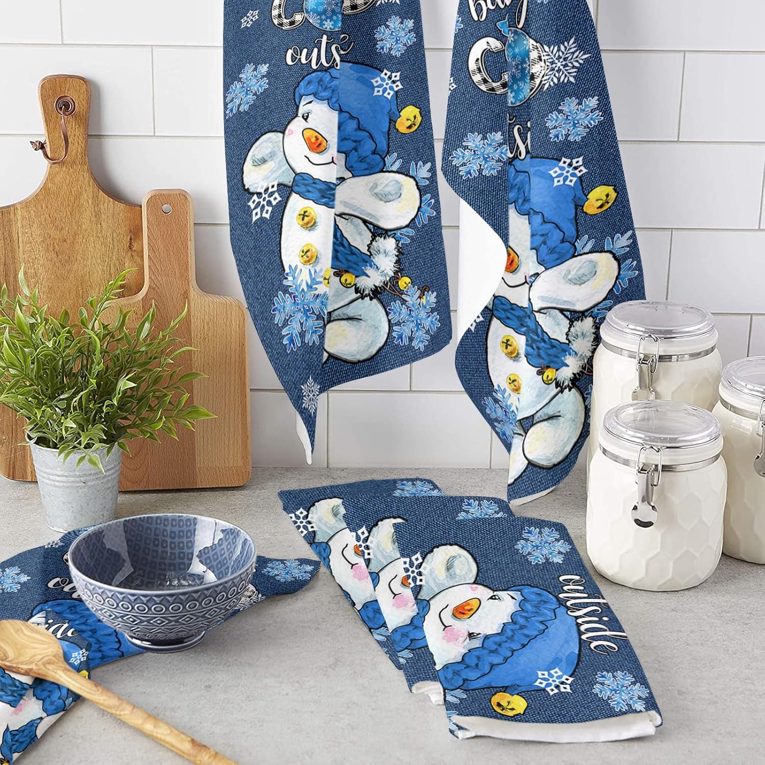 ZOE GARDEN Christmas Blue Microfiber Kitchen Towels Snowman Plaid Quick Dry Machine Washable