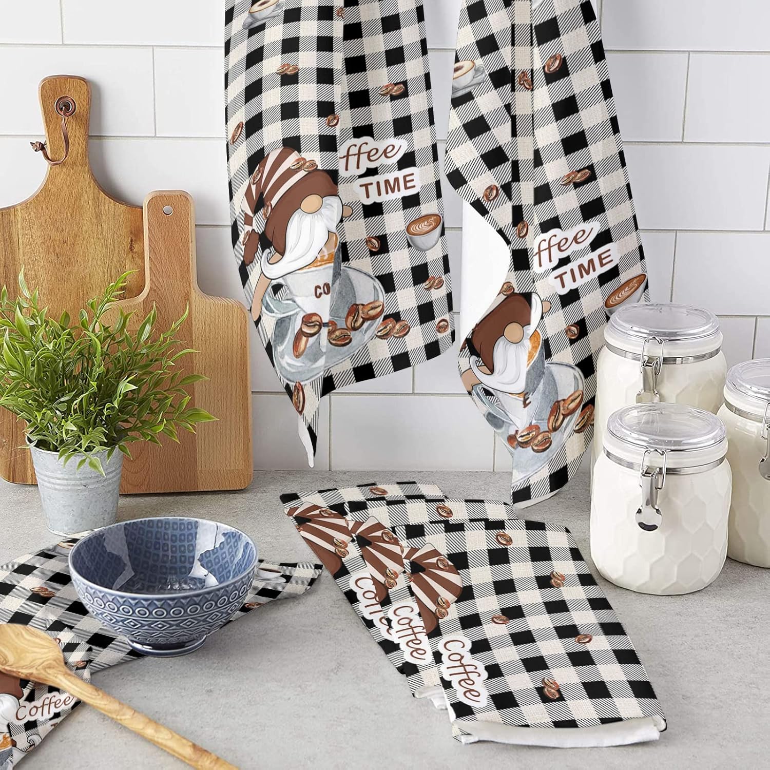 ZOE GARDEN Black White Plaid Kitchen Towels