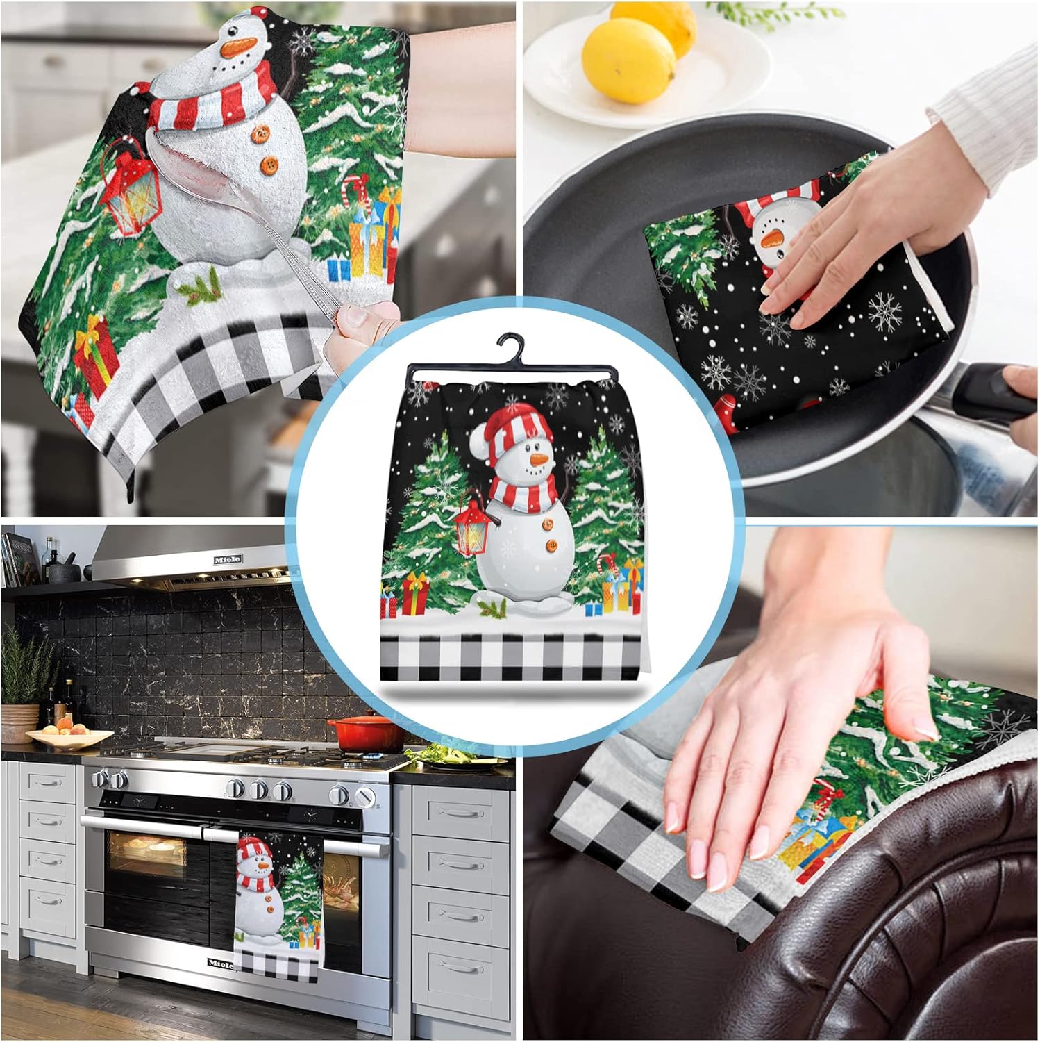ZOE GARDEN Christmas Plaid Kitchen Towels 2-Pack Black Snowman Pine Tree Branch