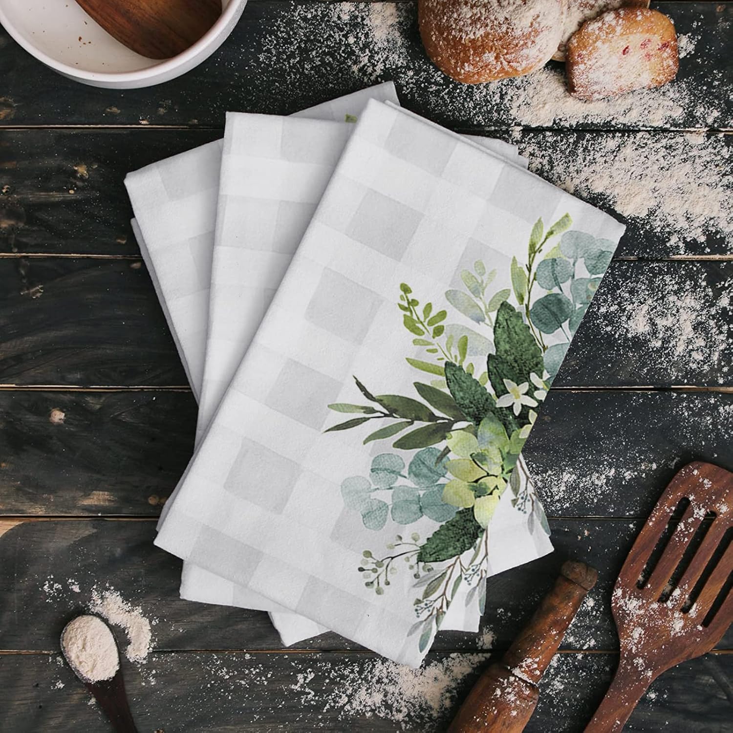 ZOE GARDEN Plaid Eucalyptus Kitchen Towels Quick-Dry Microfiber Set of 2