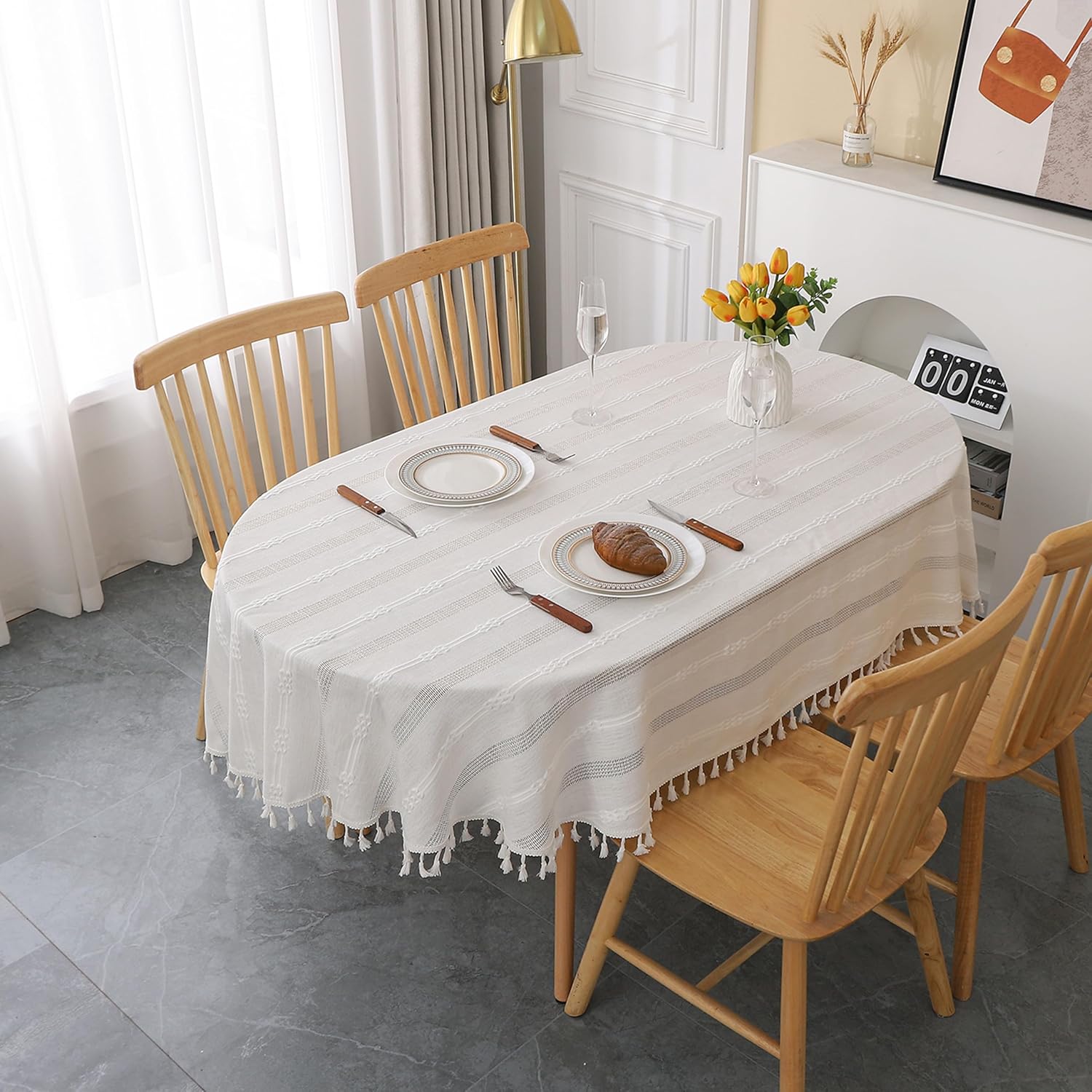 Gernaice Rustic Stripe Embroidered Oval Tablecloth 53x70 Inch