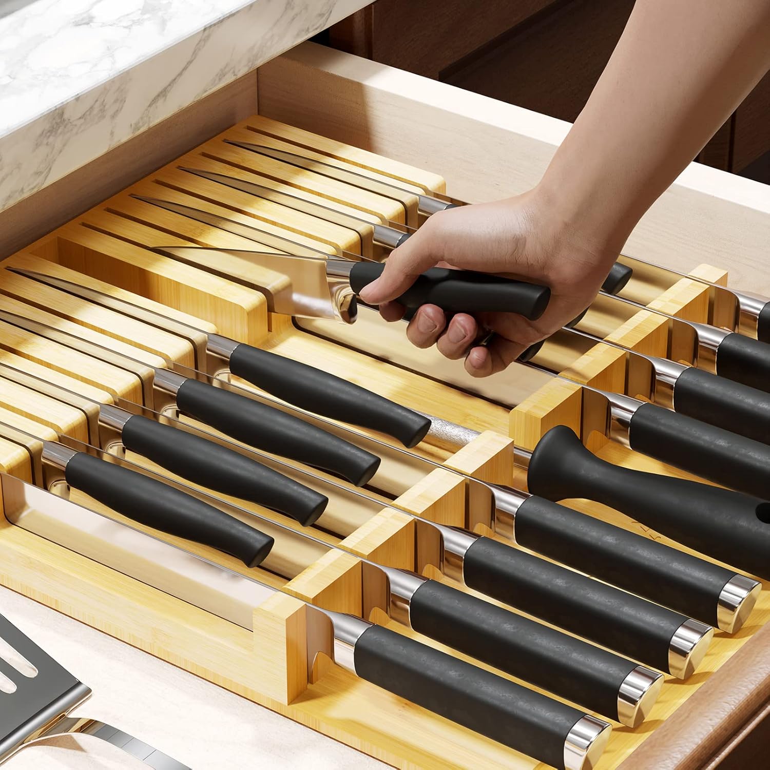 SpaceAid Bamboo Knife Block Kitchen Organizer for Drawers