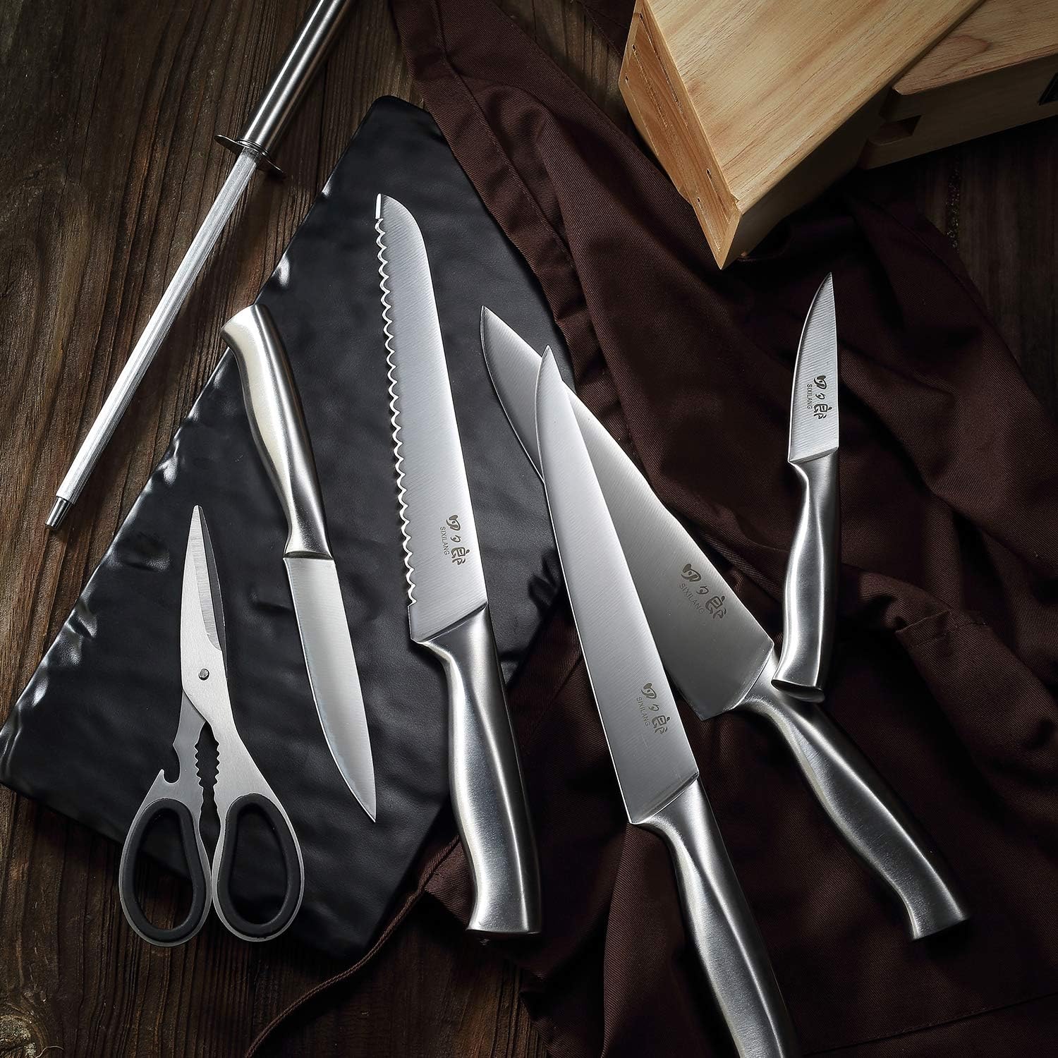 SIXILANG 8-Piece Knife Set with Oak Block and Sharpener