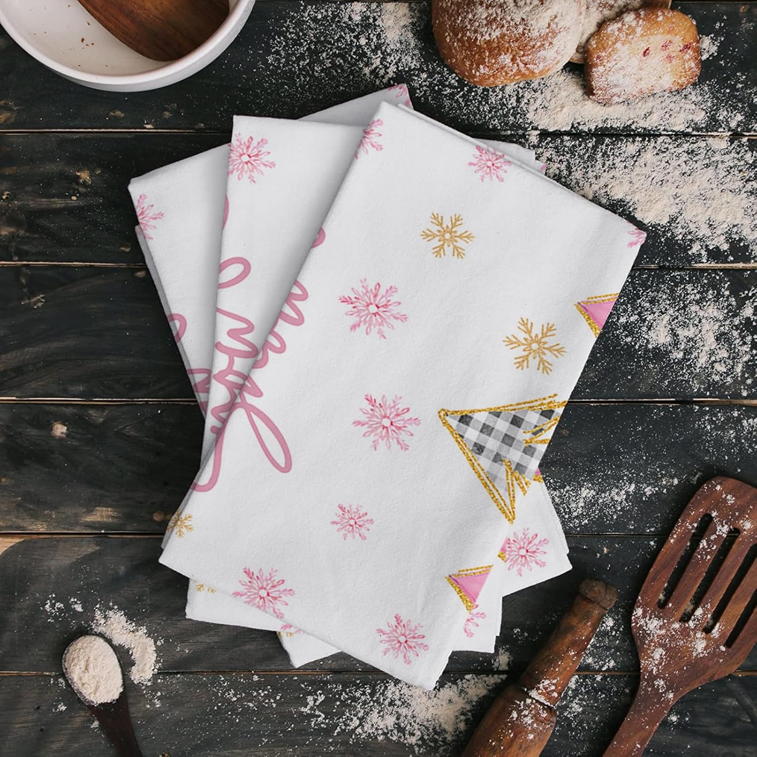 Blush Pink Gold Snowflakes Kitchen Towels