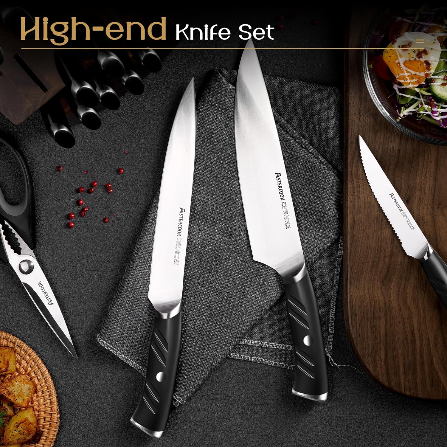 Premium German Steel Knife Set with Dual Sharpener Aesthetic Handle Design