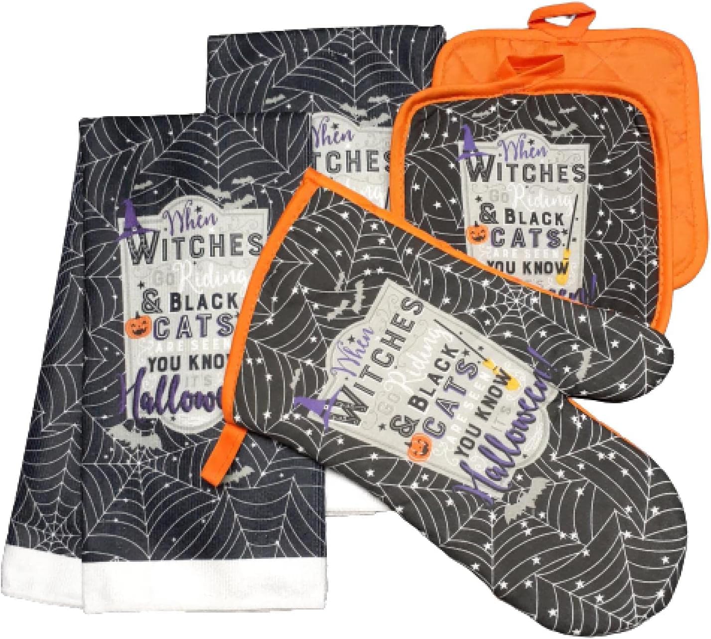 Witch Black Cat Halloween Kitchen Linen Set