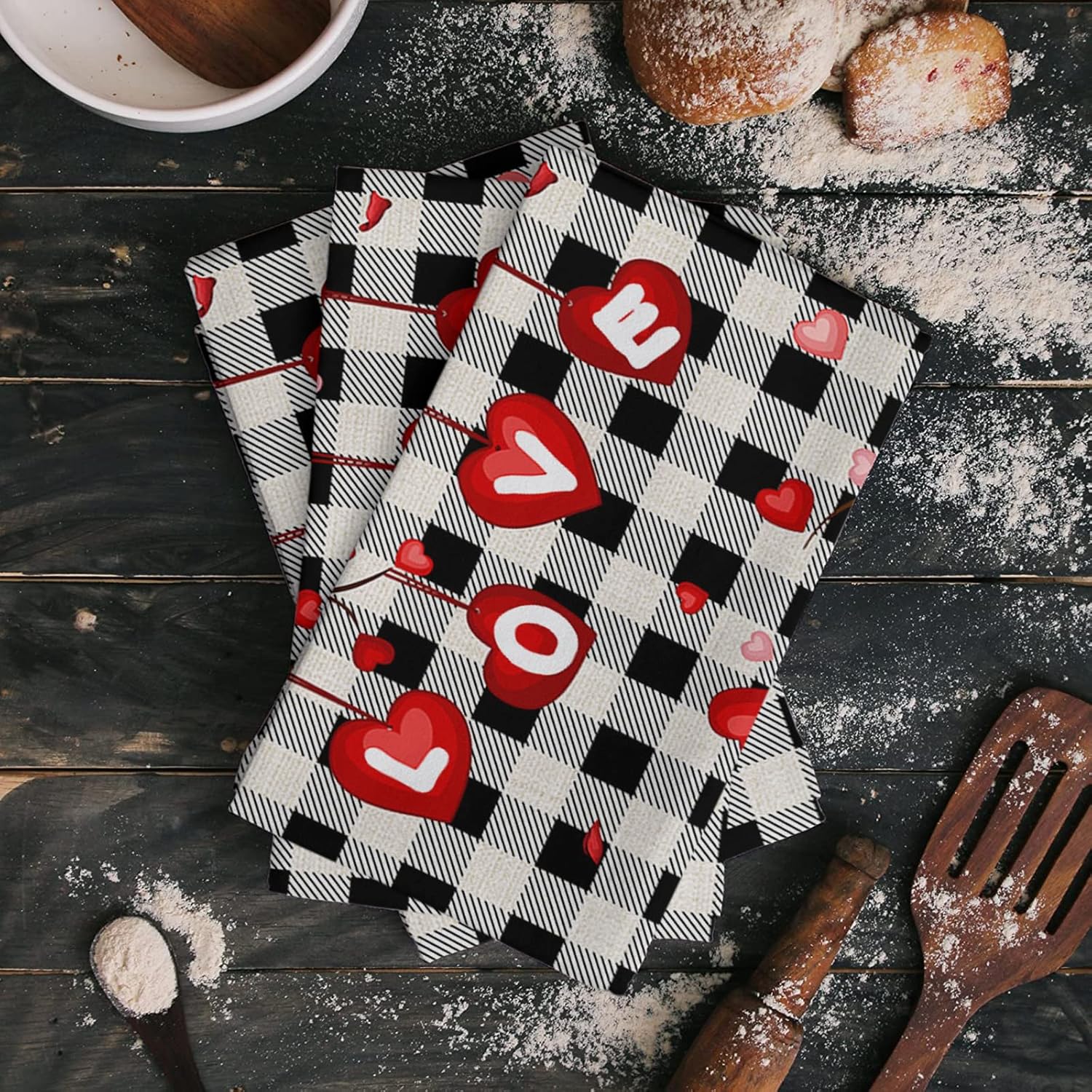 Love-Tree Plaid Kitchen Towels - Saint Valentines Day Design - 4 x 18x28 inch