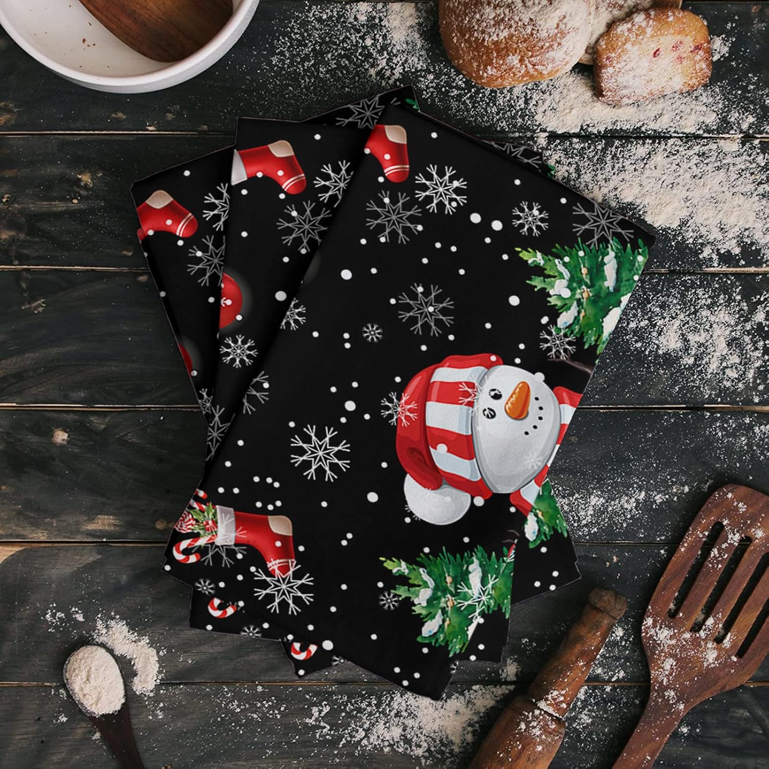 ZOE GARDEN Christmas Plaid Kitchen Towels 2-Pack Black Snowman Pine Tree Branch