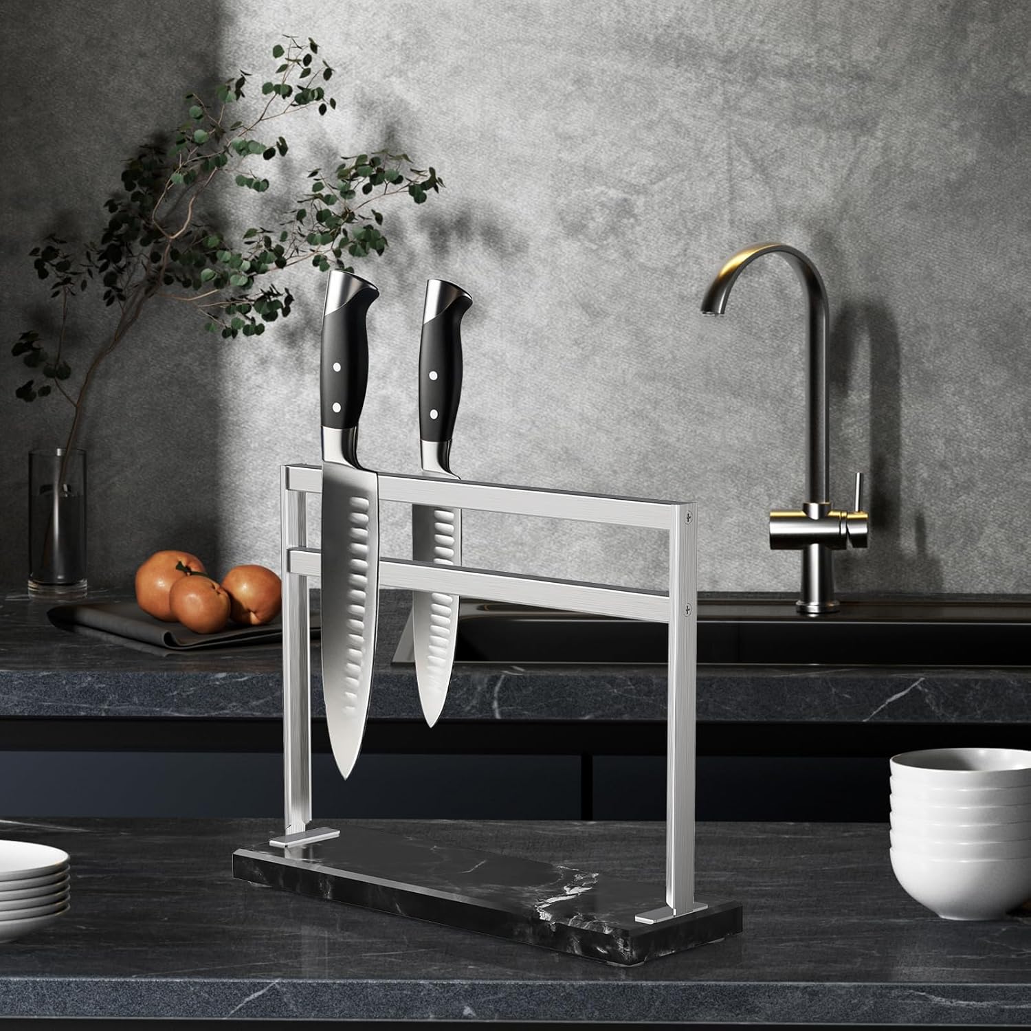 HomeSimplex Magnetic Knife Block - Black Marble Base