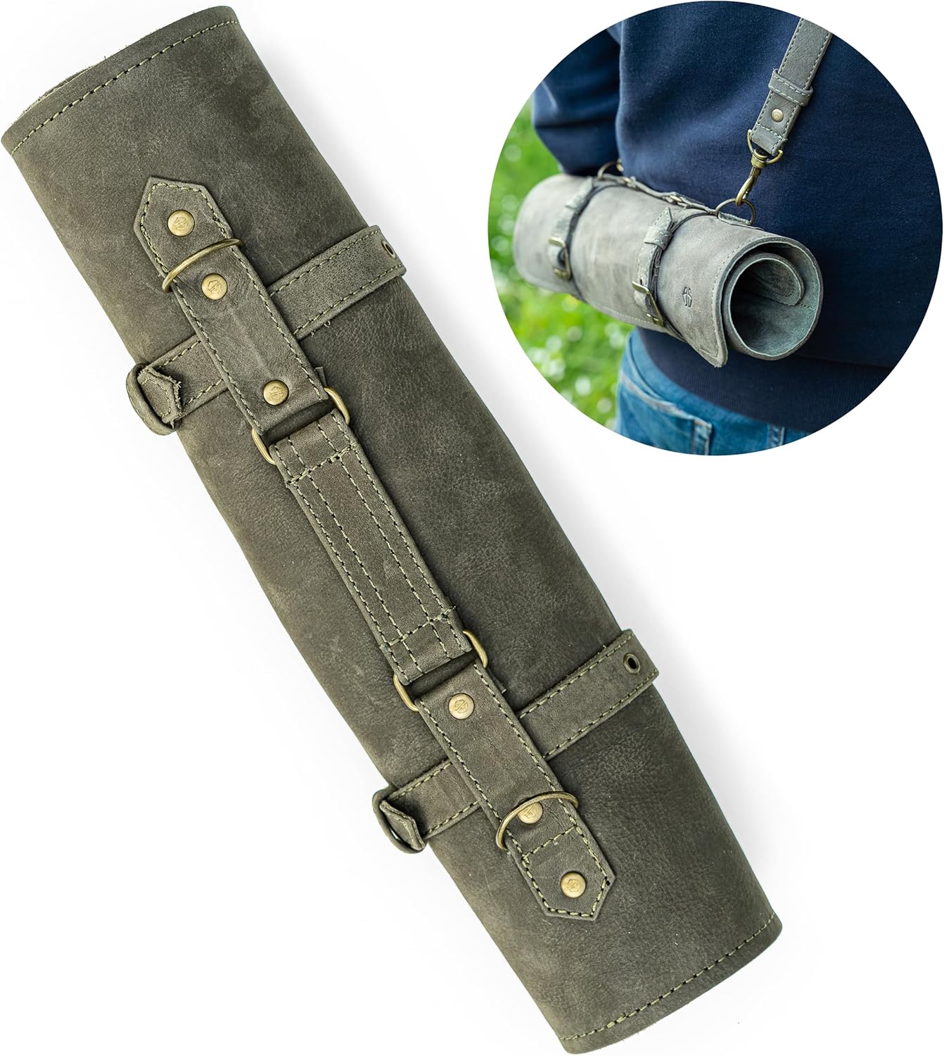 High-Quality Leather Knife Roll Bag for Chefs Olive-Green